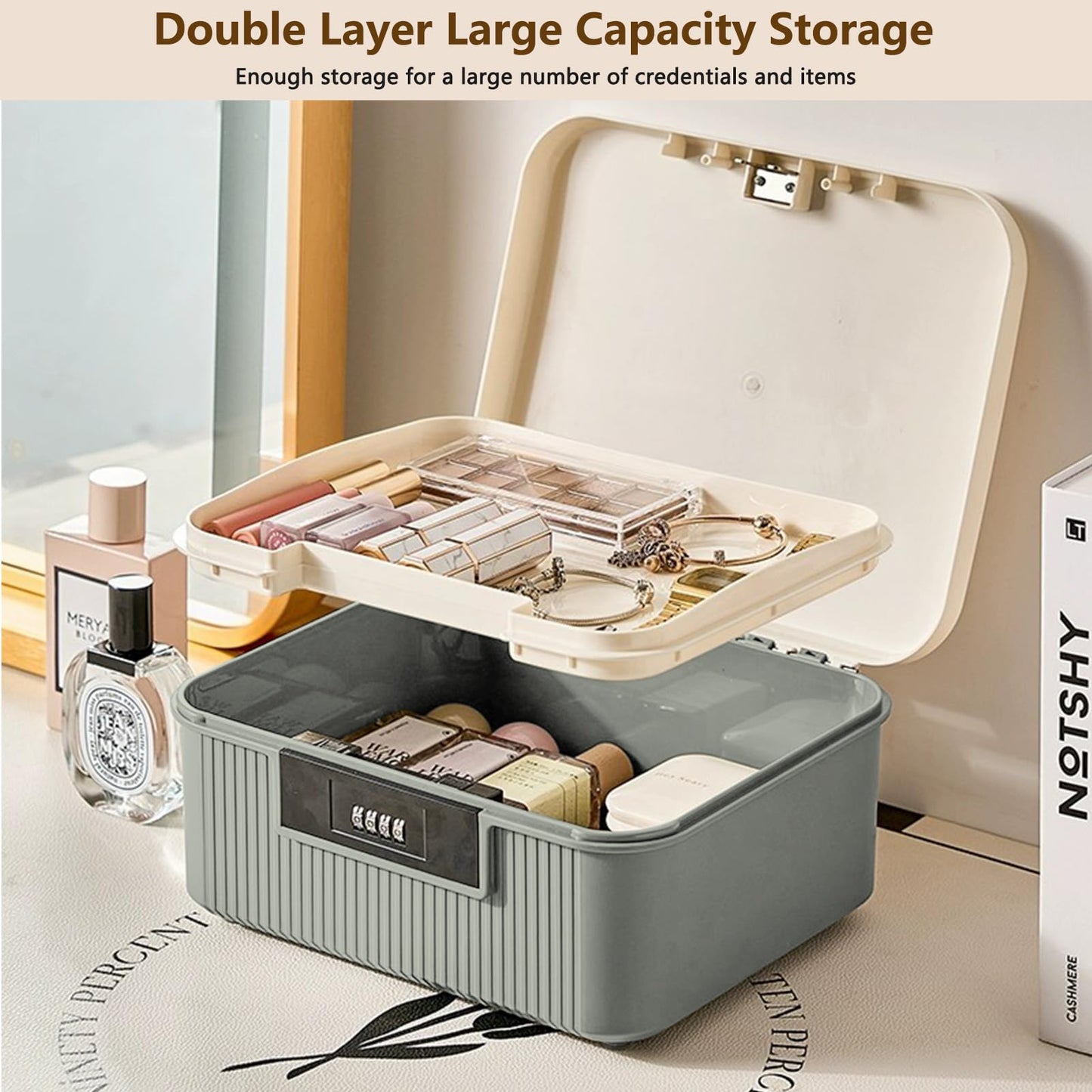 HOTOOLME Lockable Storage Container Bin,Medicine Organizer Box,Grey, M