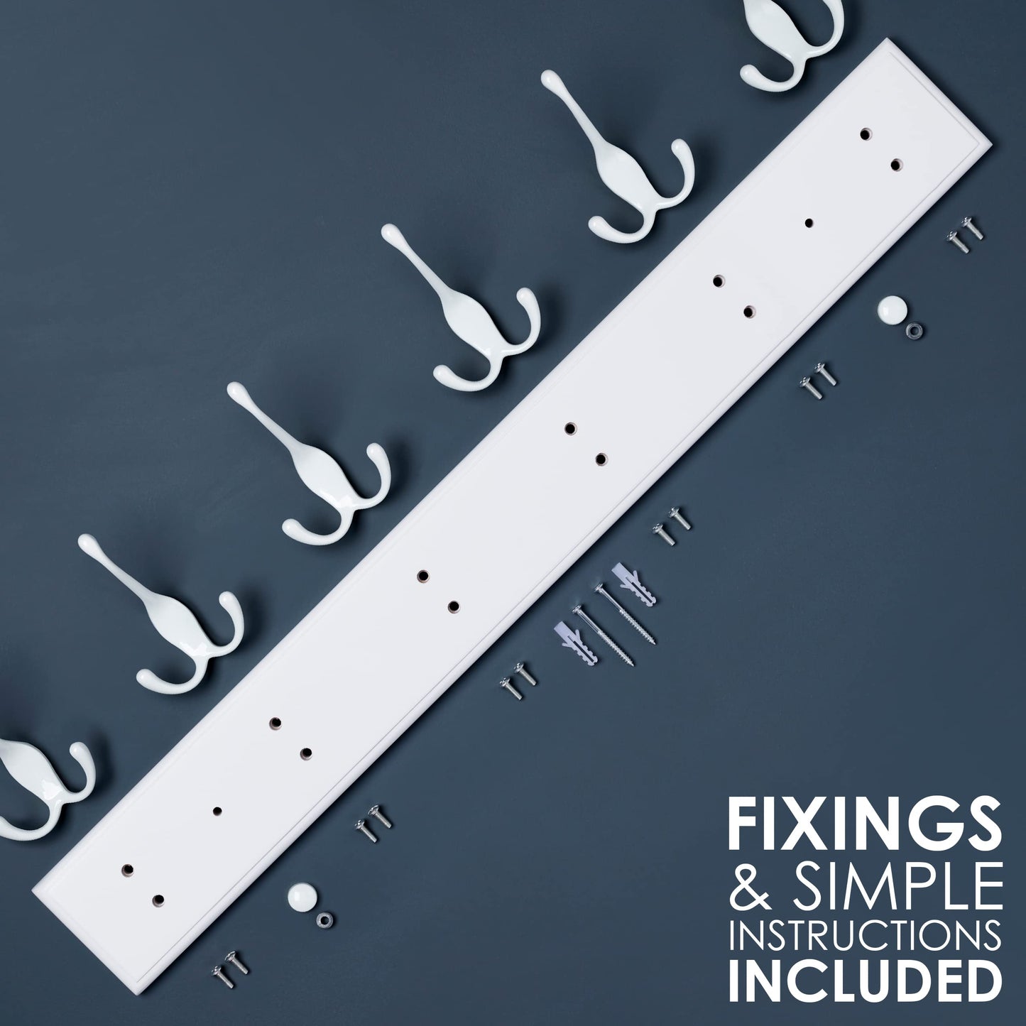 LARHN White Wall-Mounted Coat Rack - 6 White Coat Hooks, 59cm