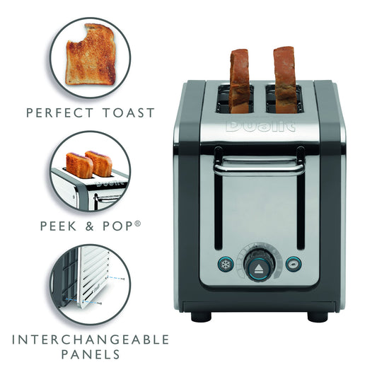 Dualit Architect 2 Slice Toaster Stainless Steel with Grey Trim Extra-Wide Slots, Peek and Pop Function, Patented Ideal Toast Technology Matching