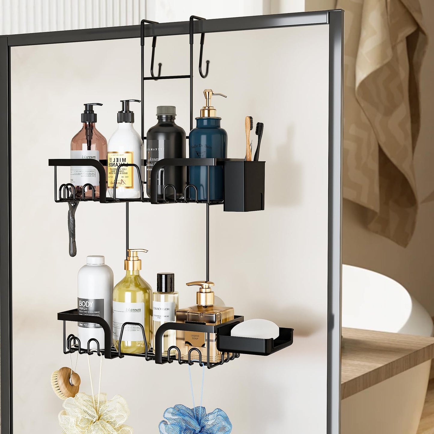 ANTREATU Shower Caddy Hanging - No Drilling over Door Shower Shelf with Soap Dish ? Toothbrush Holder, 2 Tier Rustproof Bathroom Caddy for Razor,