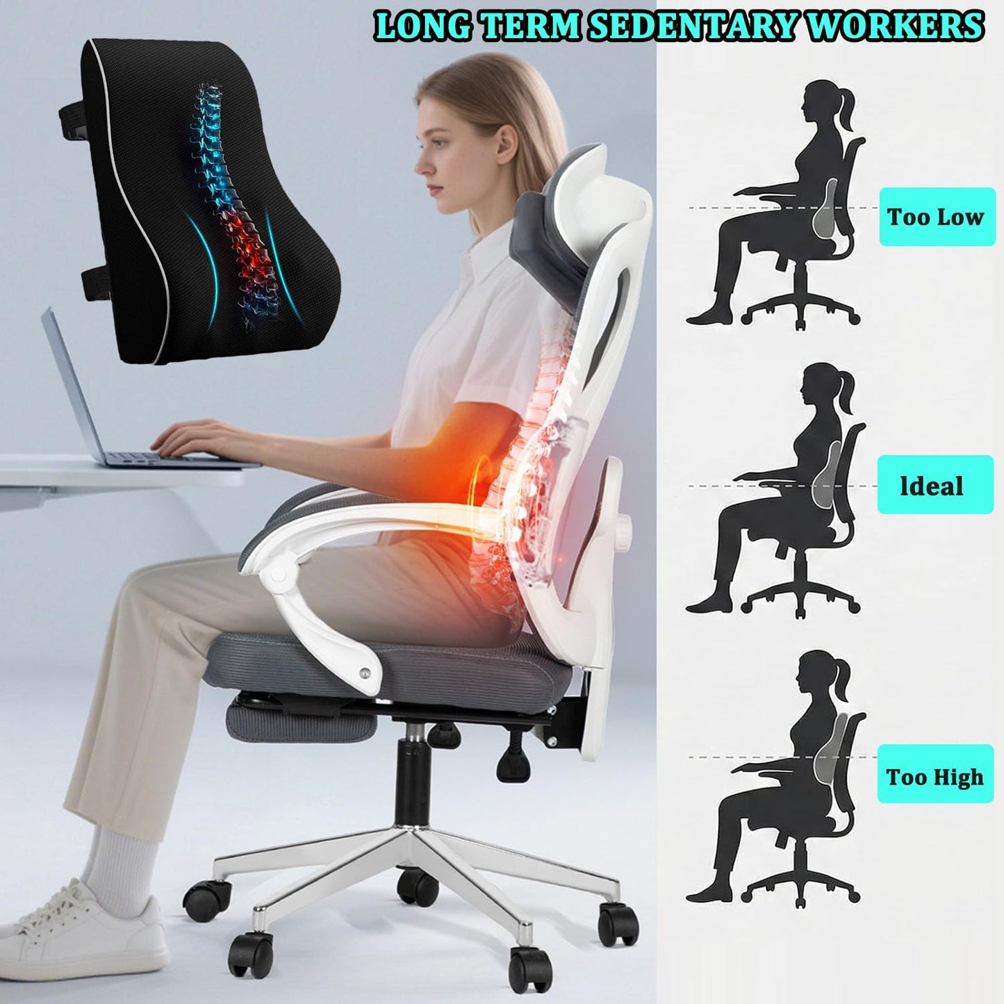 huixiaoqing Memory Foam Lumbar Support Pillow for Office Chair, Car & Wheelchair, Breathable Mesh Cover with Double Adjustable Straps