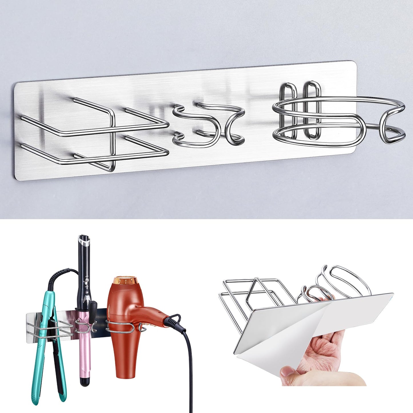 YYBO Hair Dryer and Straightener Holder Wall Mount Hair Dryer Holders, 3 in 1 Bathroom Hair Tool Organiser for Curling Iron, Straightener Hairdryer