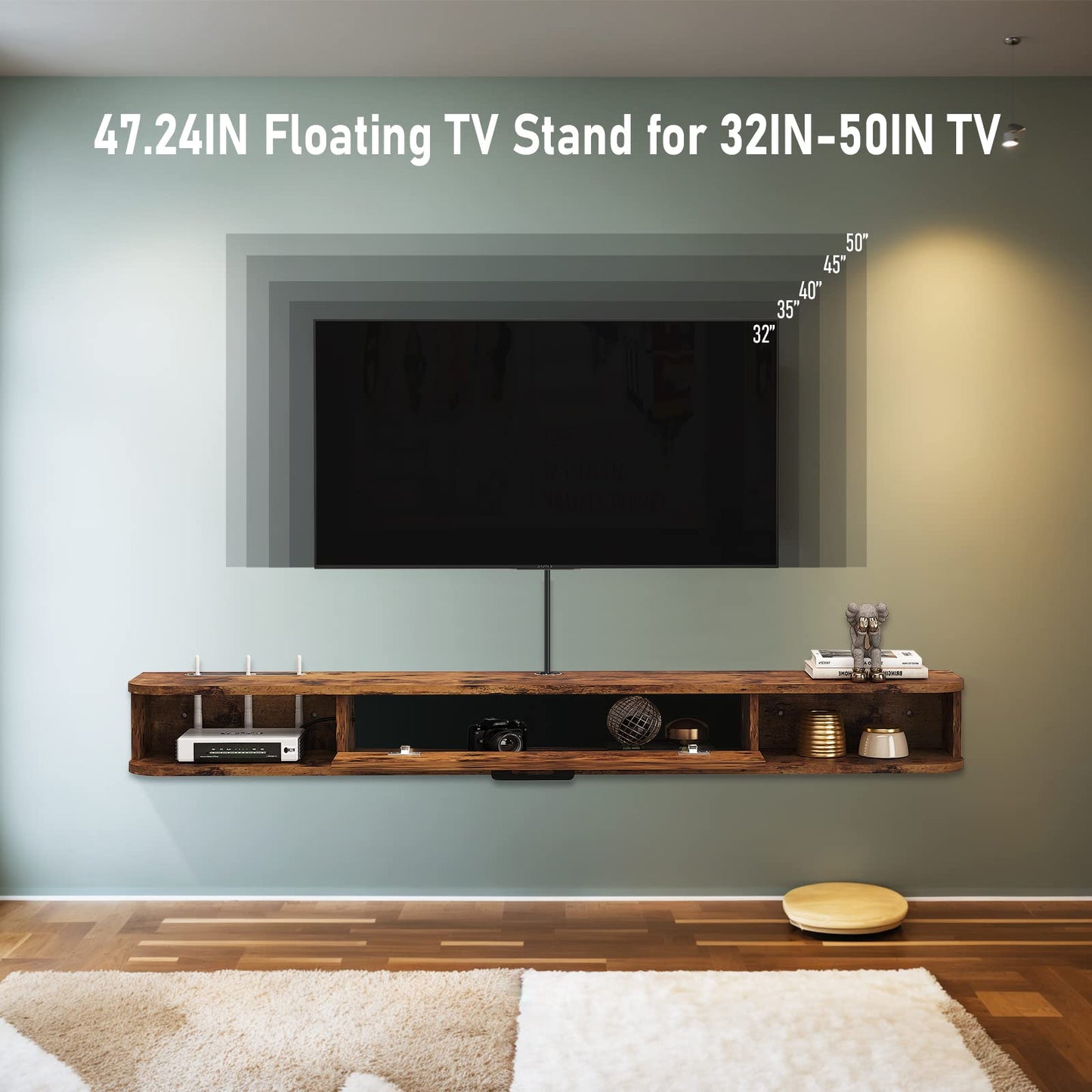 Pmnianhua Floating TV Unit, Wall Mounted TV Cabinet, Floating Shelves with Door, Modern Entertainment Media Console Center Large Storage TV Bench for
