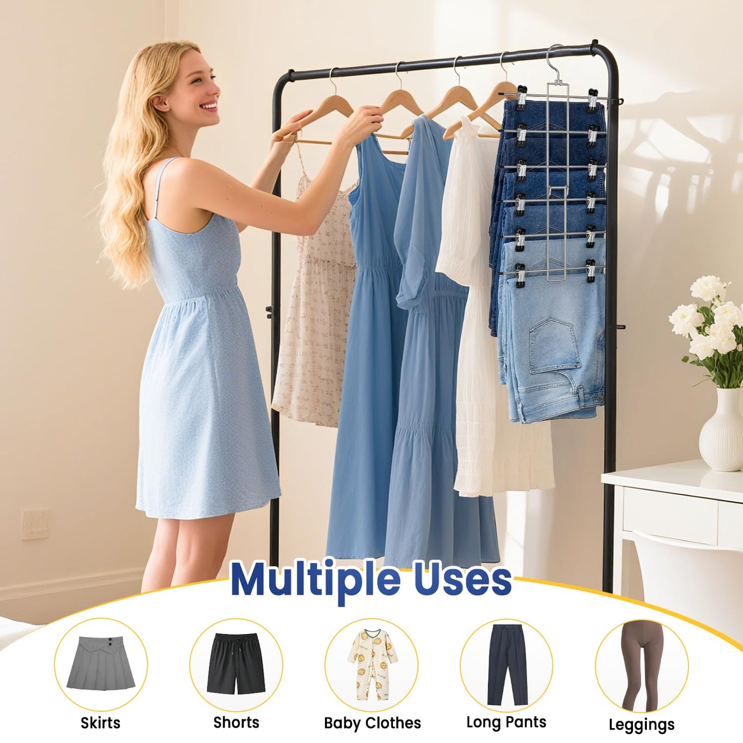 DAMITA Skirt Trouser Hangers with Clips Space Saving Hanging Closet Organizer 6 Tiers Multi Hanger with 360° Swivel Hook