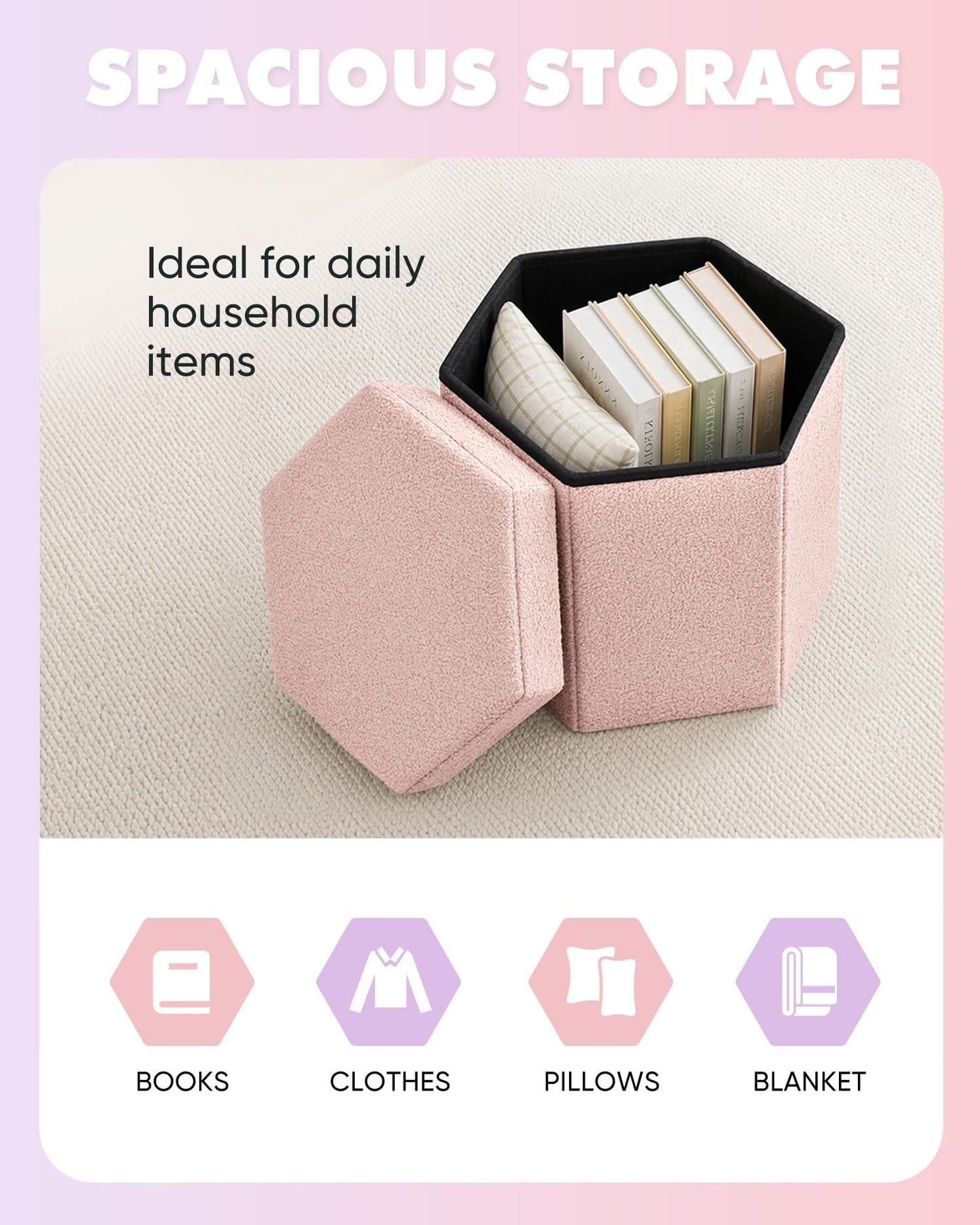 Bonlife Folding Storage Ottoman Hexagonal, Footrest with Toy Ches Box, 43cm