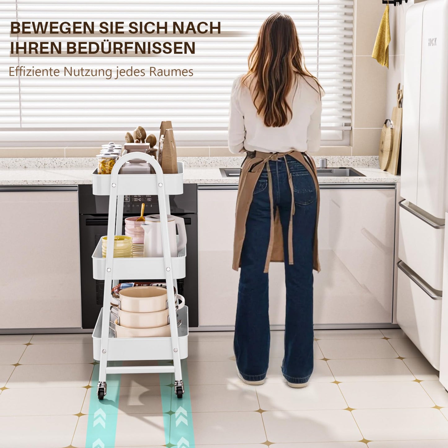 StowBin 3 Tier Metal Rolling Cart Kitchen Storage Cart with Wheels Serving Cart for Living Room Bathroom Office Bedroom White