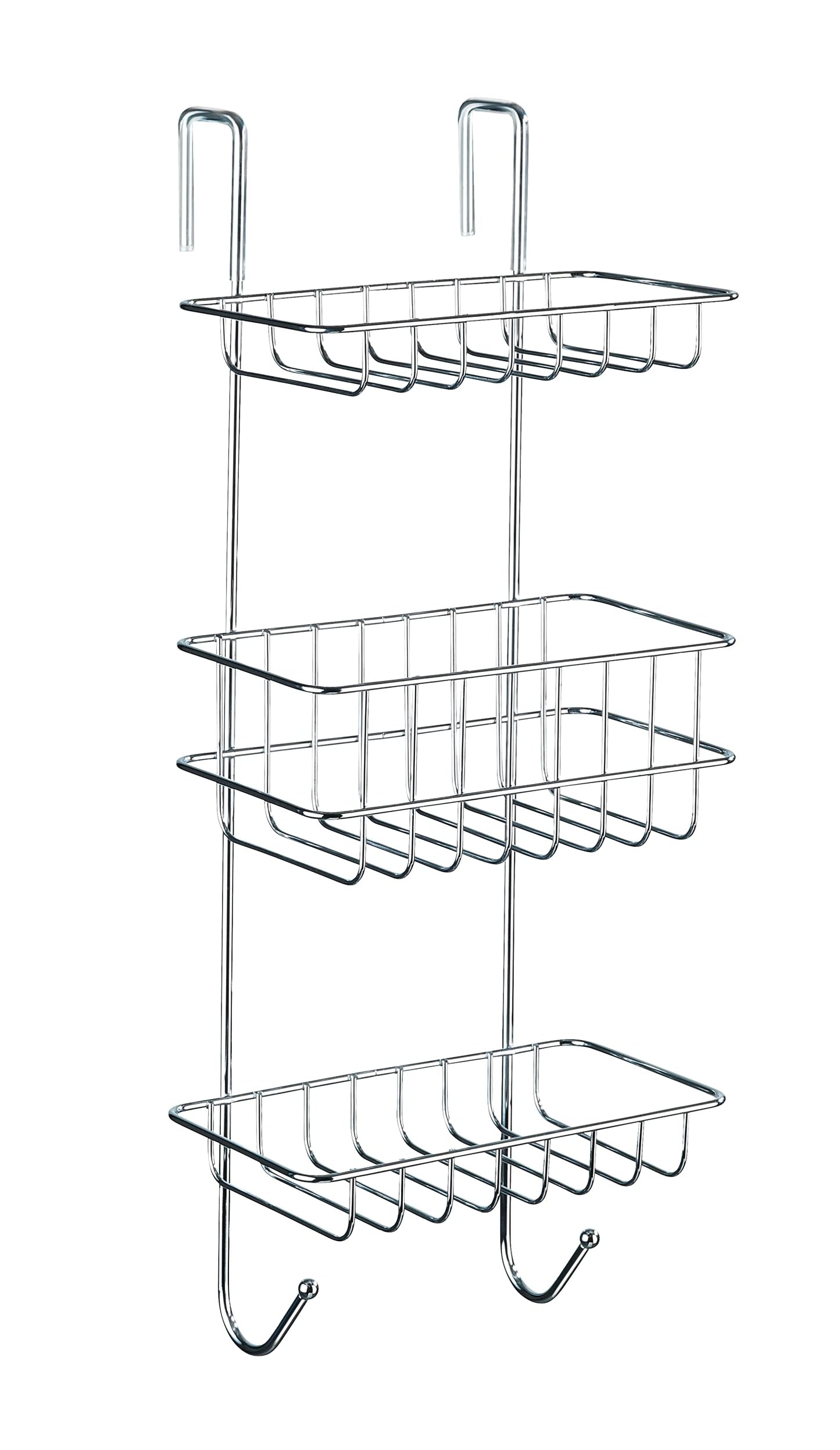 Wenko 16777100 Shower Rack Revigo 3 Shelves, 2 Hooks, Metal Steel, 22.5 x 57 x 18.5 cm, Chrome