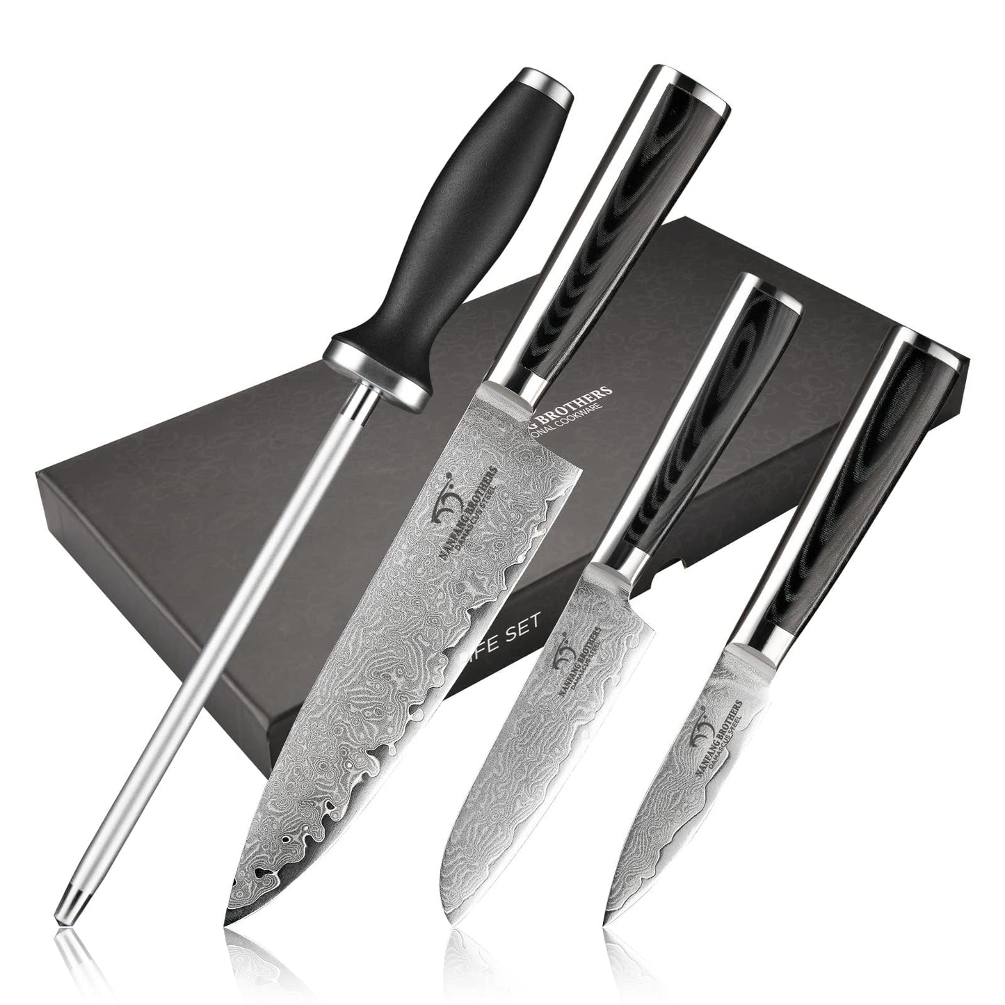 NANFANG BROTHERS Damascus Knife Set, 4-Piece Damascus Steel VG10 Kitchen Knife Set, Professional Chef's Knife with Sharp Blade and Ergonomic Handle