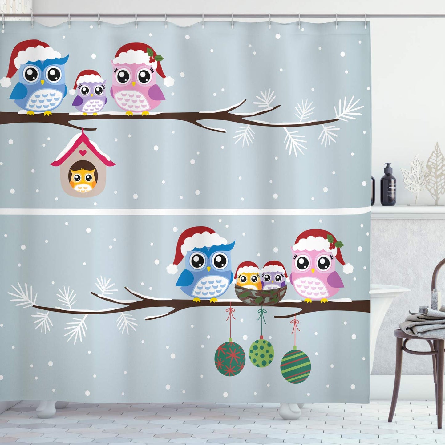 ABAKUHAUS Christmas Shower Curtain, Owl Family with Santa Hats on Tree Branch with Babies in Nest Birds Snowy Winter Print, Cloth Fabric Bathroom