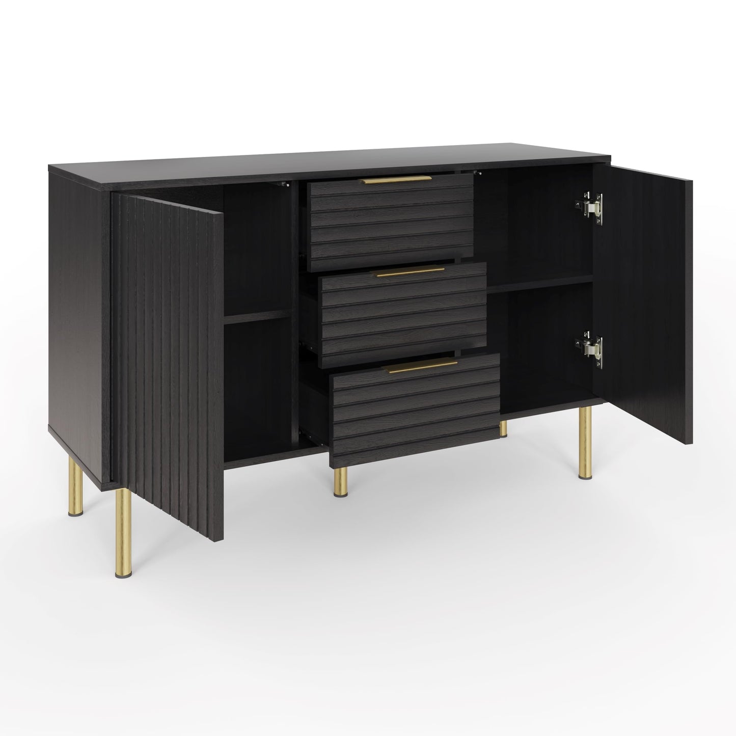 GFW Nervata Sideboard, Black Storage Cabinet with 3 Drawers and 2 Doors, Art Deco Style Sideboard with Gold Accents and Wood Grain Texture for Living