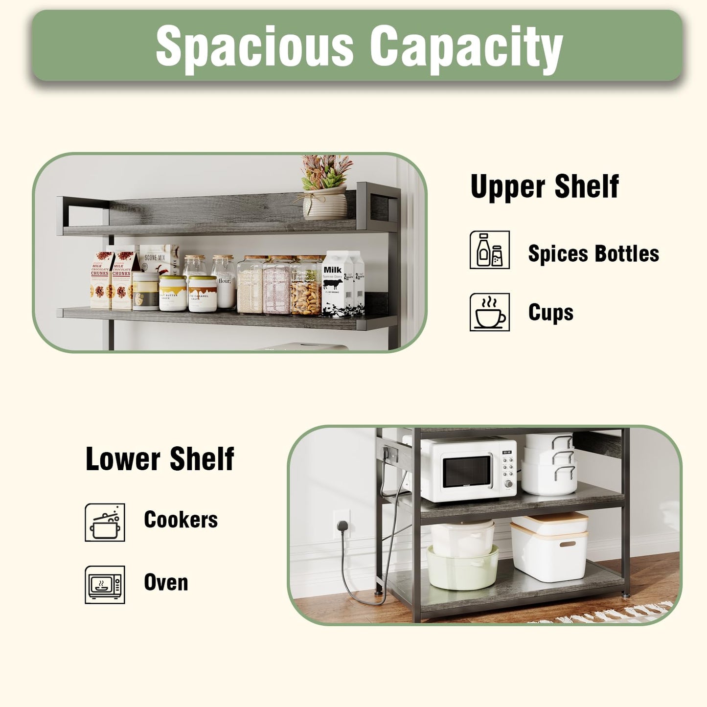 Flrrtenv 5-Tiers Bakers Rack, Kitchen Storage Shelves with 2 Drawers, Coffee Bar with Power Socket, Kitchen Storage Unit Metal Frame & Wooden Board