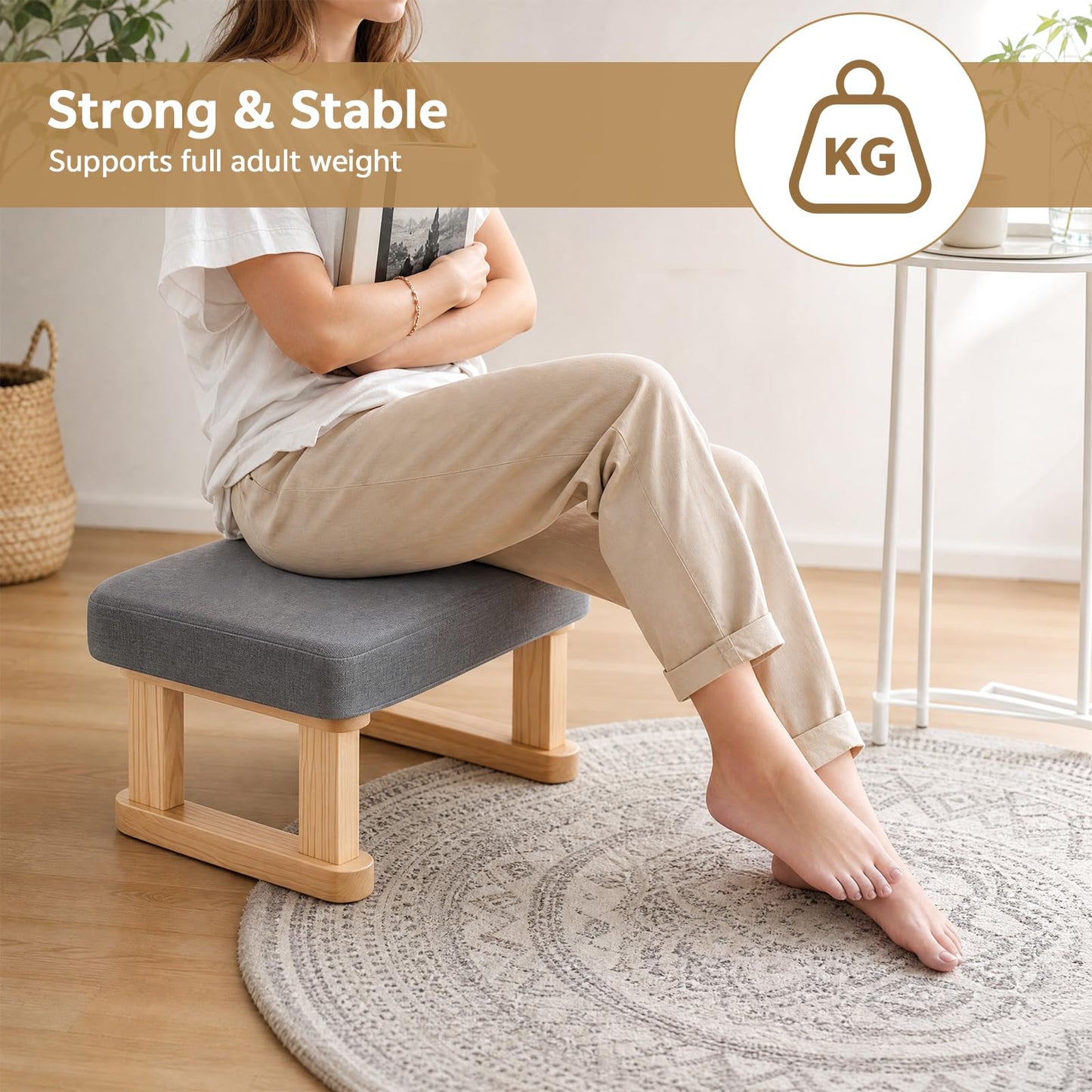 Seivunol Small Footstool, Lightweight Pouffe Footstool with Stable Wooden Legs and Removable Soft Cushion Cover