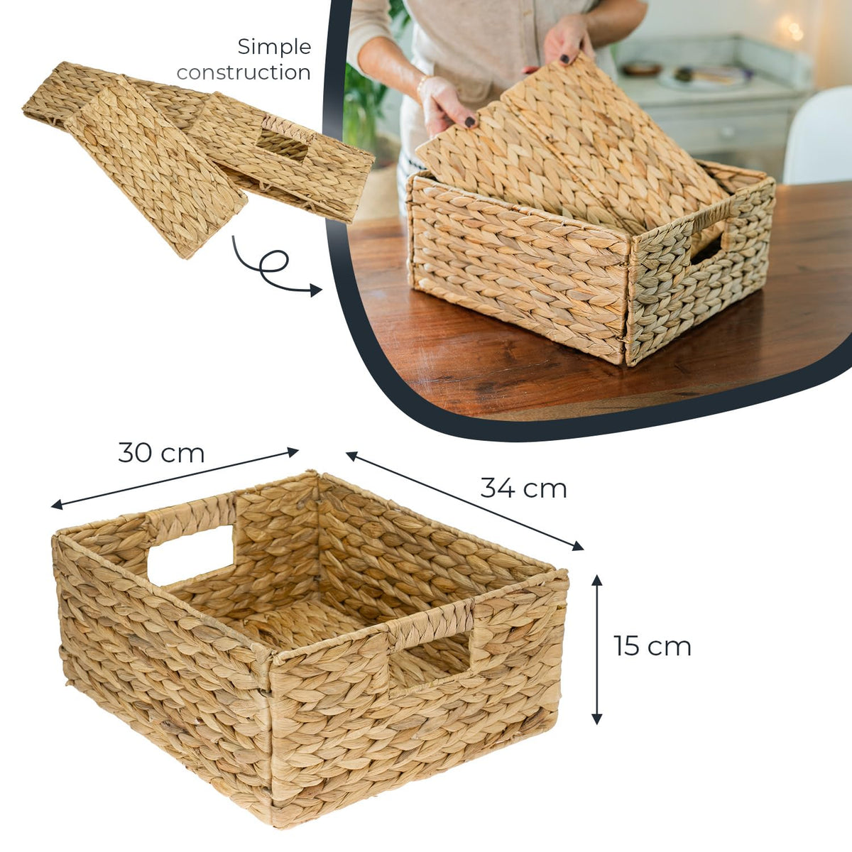 HMF storage basket compatible with KALLAX half shelf, basket woven from water hyacinth with handles | Set of 4 | 30 x 34 x 15 cm | Natural