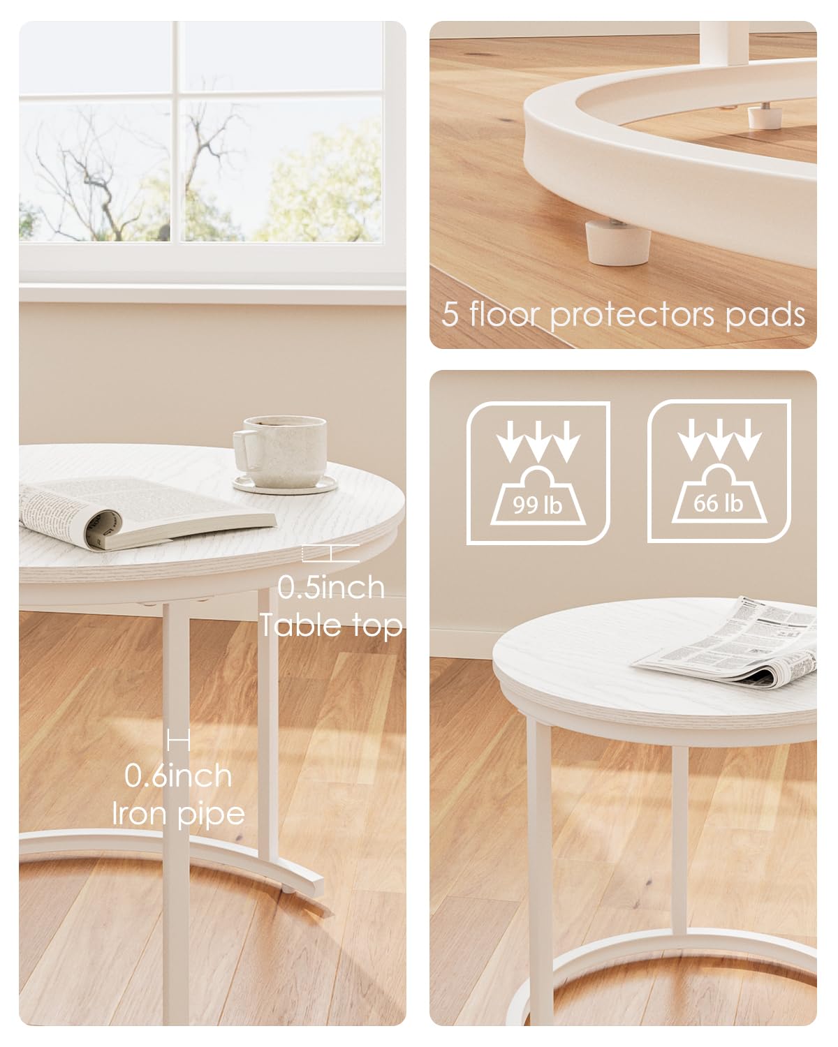 HEYZOEY Round Coffee Tables, Removable Set of 2 End Table, Nesting Tables with White Metal Frame Legs and Wooden white Top for Living Room, Bedroom