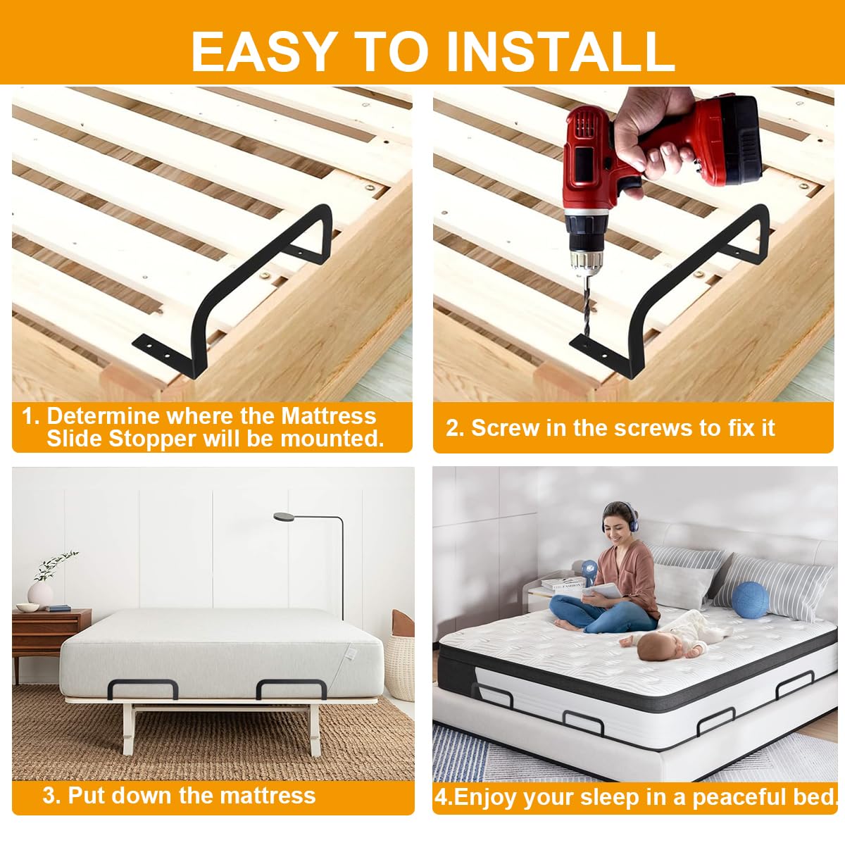 ANTEISI Mattress Stoppers to Prevent Sliding, Set of 6, Black, with Screws