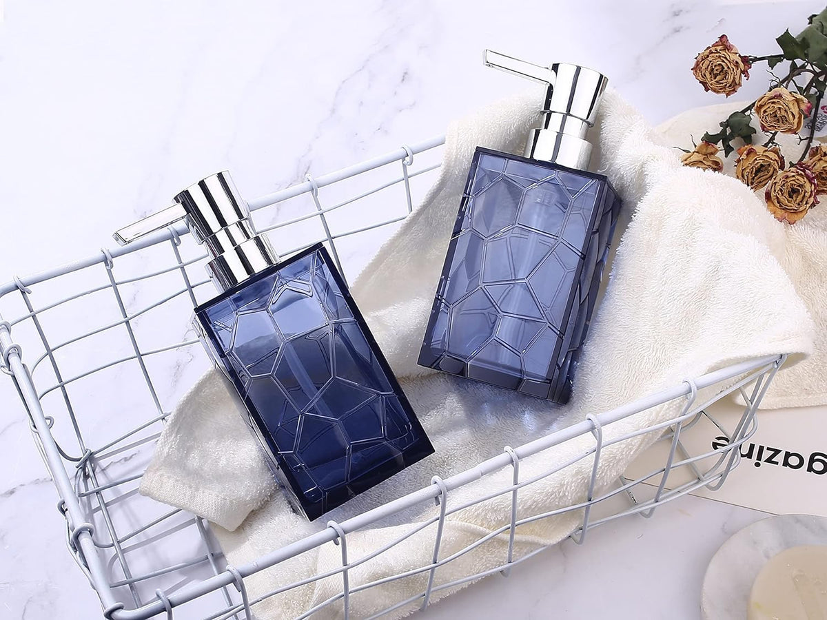 2 Pack Hand Soap Dispenser Set, Clear Acrylic Plastic Liquid Pump Bottles Refillable Lotion Dispenser for Bathroom Decor Kitchen College Dorm Blue
