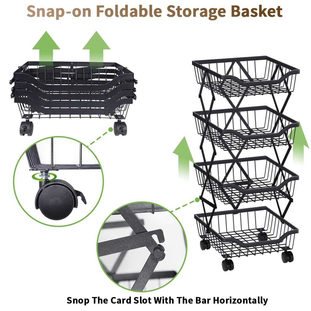 Newzealkids Fruit and Vegetable Storage – 4 Tier Stackable Metal Wire Storage Trolley with Wheels, Kitchen Organiser Unit for Living Room