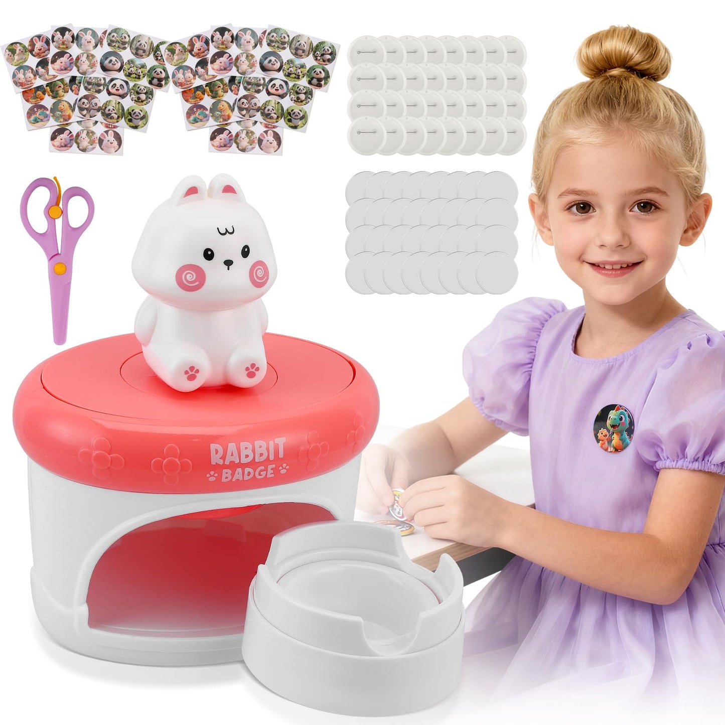 Badge Maker Machine 60mm/2.36in, Button Maker Pin Badge Press DIY Badge Making Kit with 32pcs Plastic Button Parts, DIY Round Pin Maker Kit for School