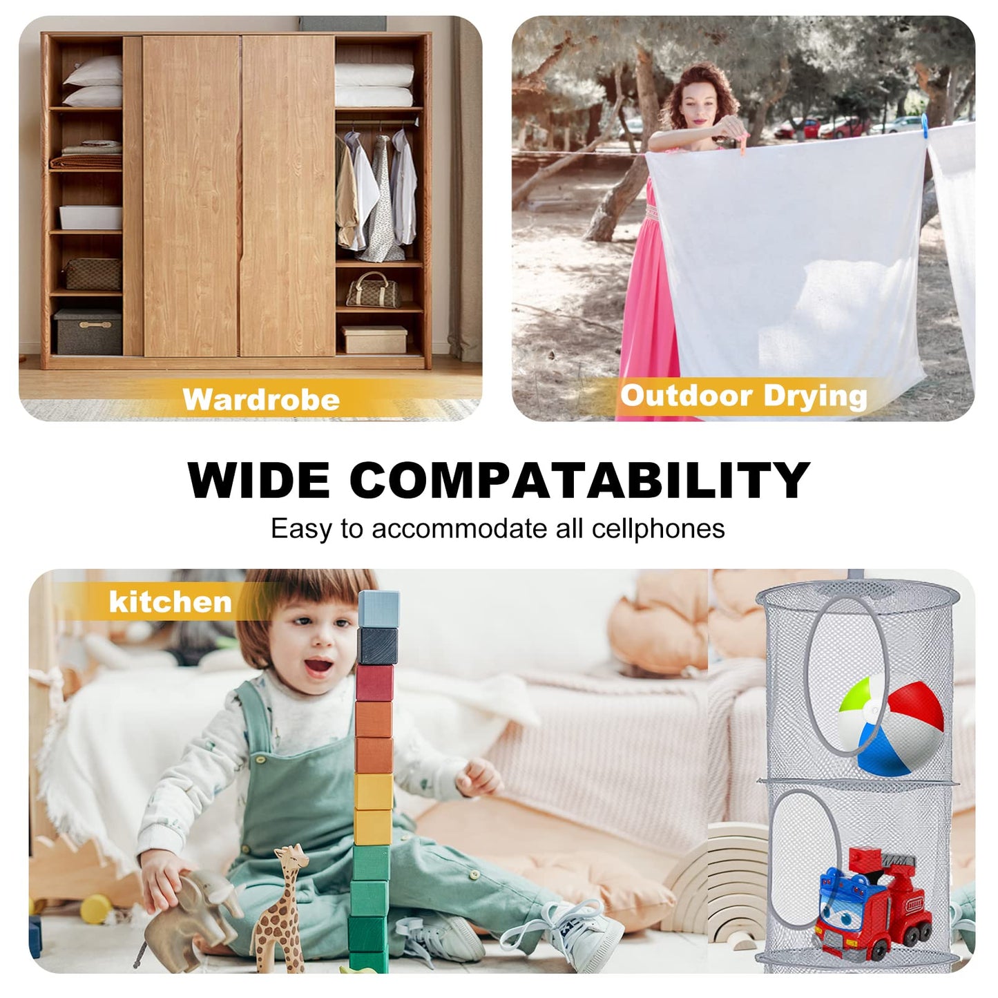 Hanging Mesh Storage Net, 4 Tier Compartments Foldable Hanging Soft Toy Storage Basket Mesh Storage Bag