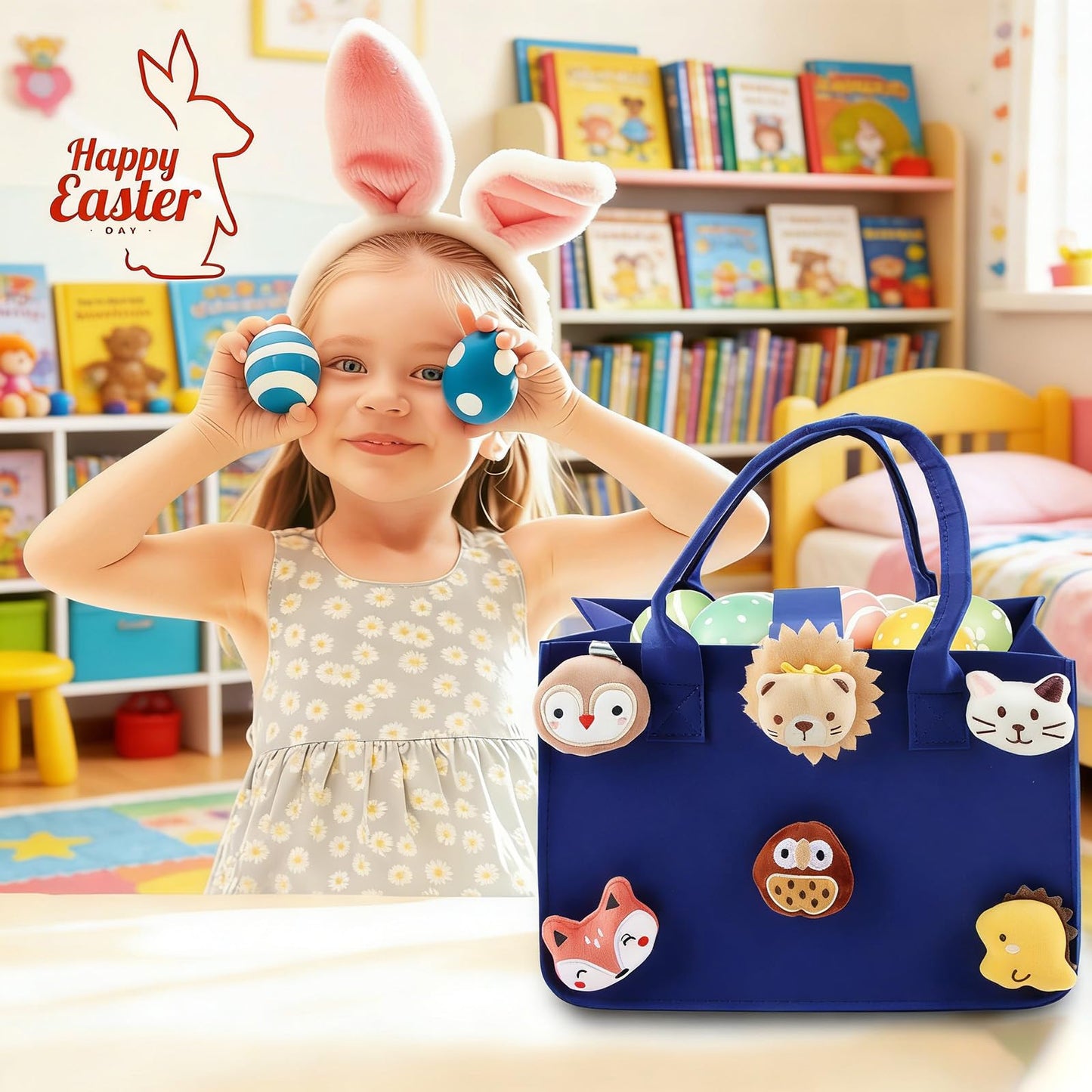 HUANYO Felt Storage Bag for Kids, 30x20x18 cm Colourful Toy Organiser with Handles, DIY Gift Bag for Holidays, Birthday, Christmas Presents (blue)