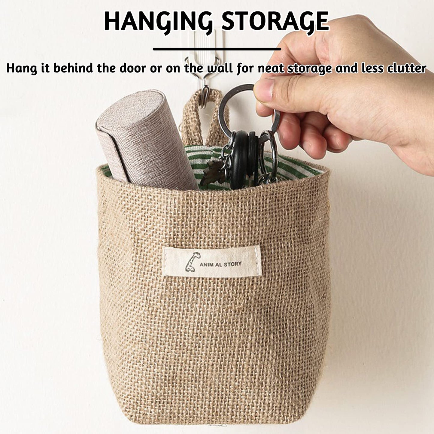 Fahibin Cotton Linen Storage Basket Bag,3pcs Hanging Small Foldable Storage Basket Bag with Handle, Foldable Organizer Decorative Bag for Toys, Keys