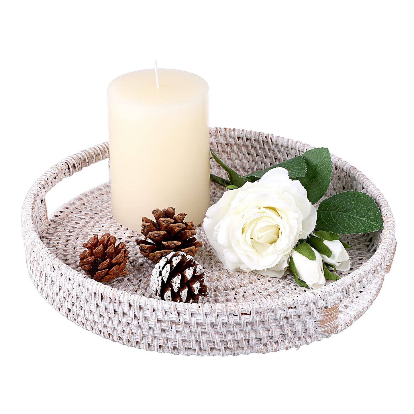 IGNPION Rattan Serving Tray 25cm Decorative Display Tray Table Storage Trays with Handle Desktop Organiser Basket for