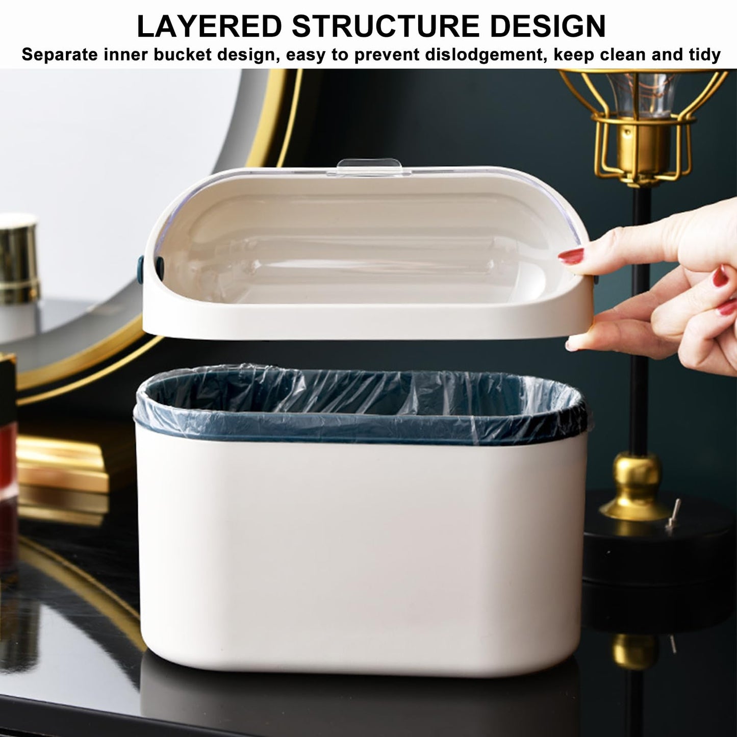 Bailtouk Mini Desktop Bin with Lid, 2L Plastic Wall Mounted Small Bin