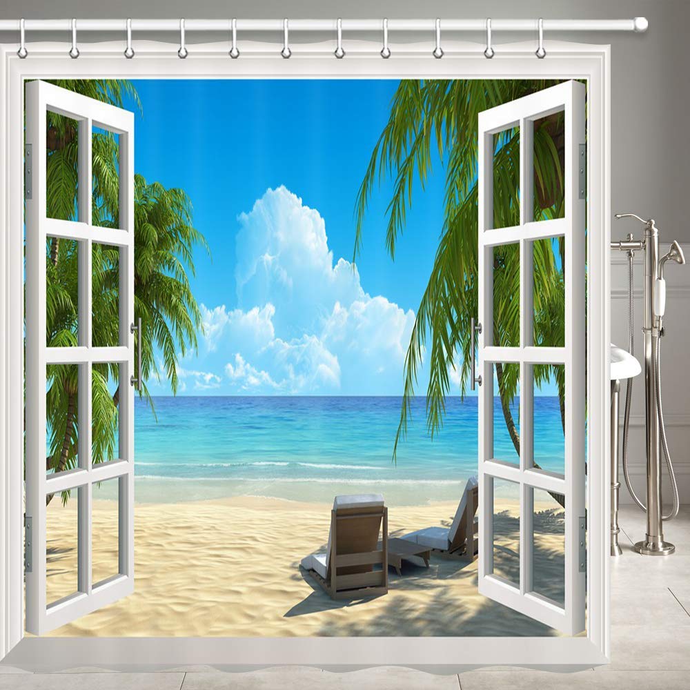 JOOCAR Design Shower Curtain, Palm Tree Decor Ocean Beach Seascape Through White Wooden Windows Summer Scene Tropical Island Blue Green, Waterproof
