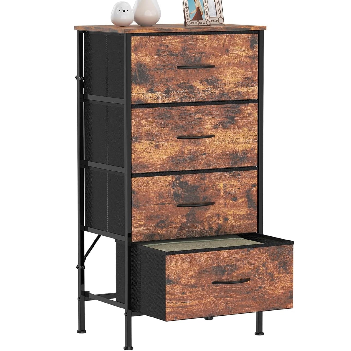 Feonase Chest of Drawers with 4 Fabric Drawers, Large Bedroom Dresser with Wooden Top & Sturdy Metal Frame, Tall Storage Organizer Unit for Bedroom