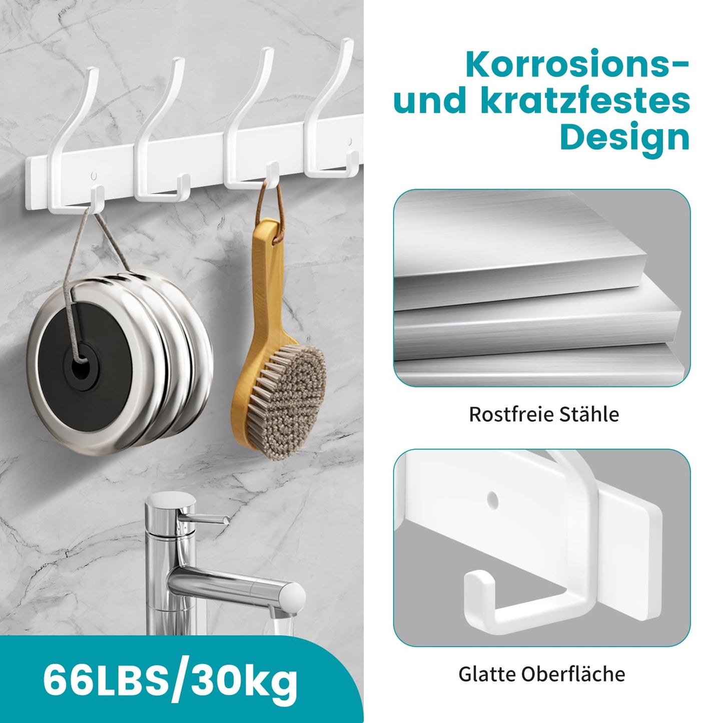 MEIJO Coat Hooks Wall Mounted Stainless Steel, White Coat Rack Wall Mounted with 4 Hooks Heavy Duty Coat Hooks for Door, Bathroom, Bedroom, Kitchen