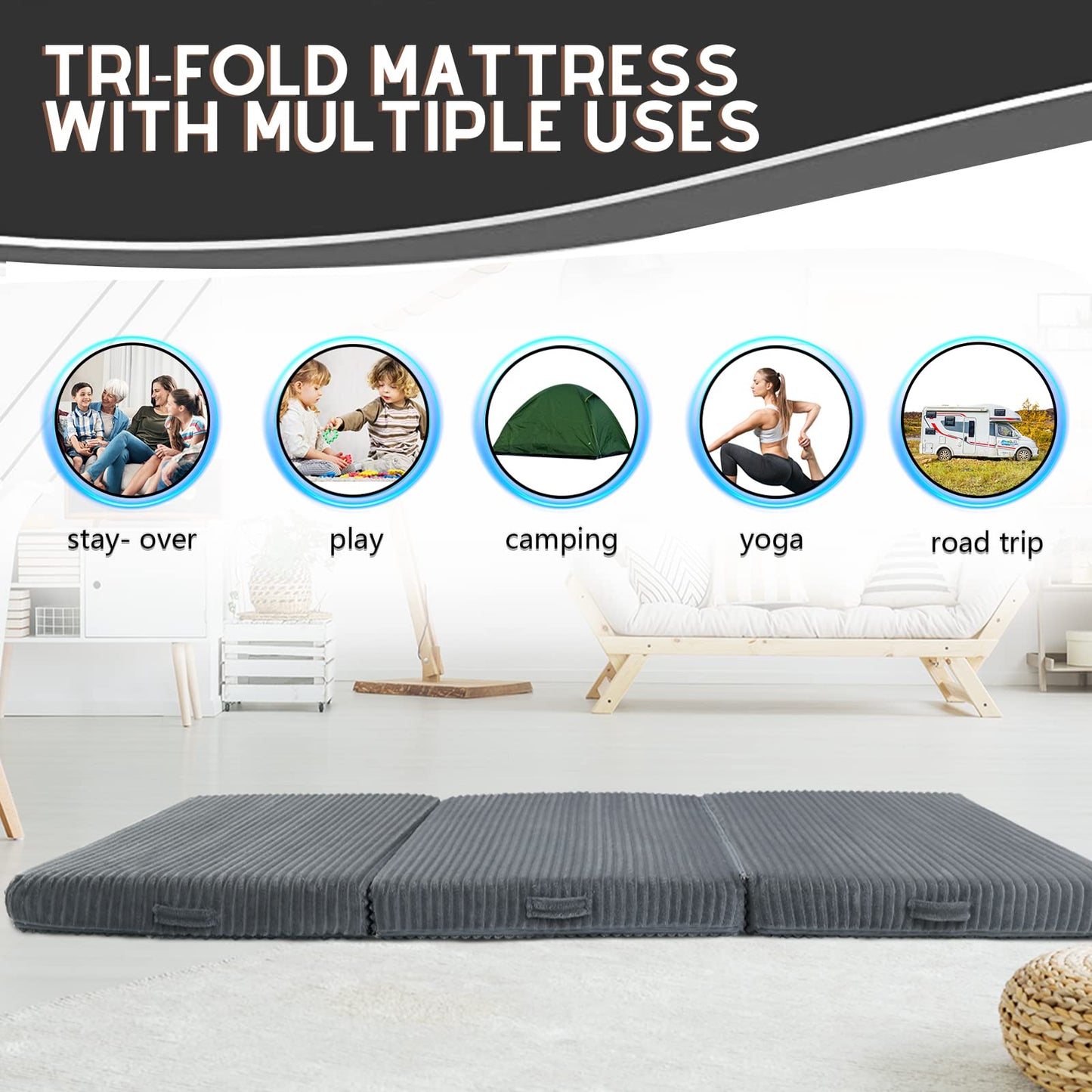 MeMoreCool Tri Folding Floor Mattress 190x75cm, 10cm Thick Foam Foldable Futon Mattress with Washable Cover, Portable Guest Bed Mat for Travel