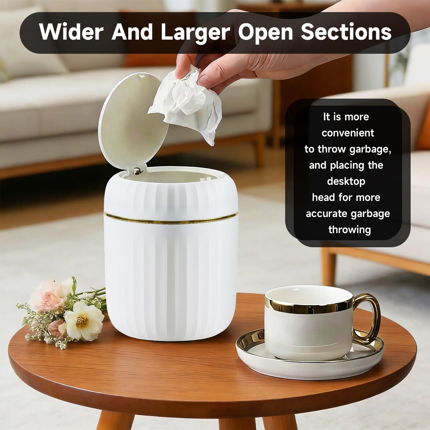 Mini Desk Bin with Press-Top Lid - Small Trash Can for Home Office Car Bathroom Living Room, White, 100 Garbage Bags Included