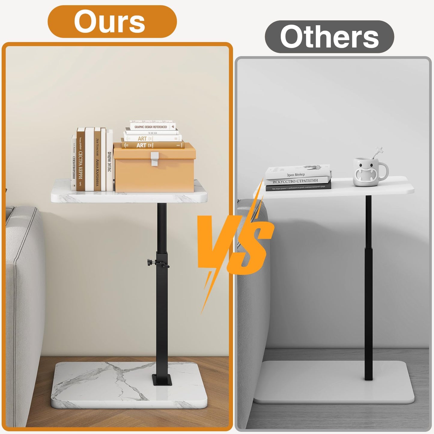 IBUYKE C Shaped Side Table,Height Adjustable,White with Black TVT003BW