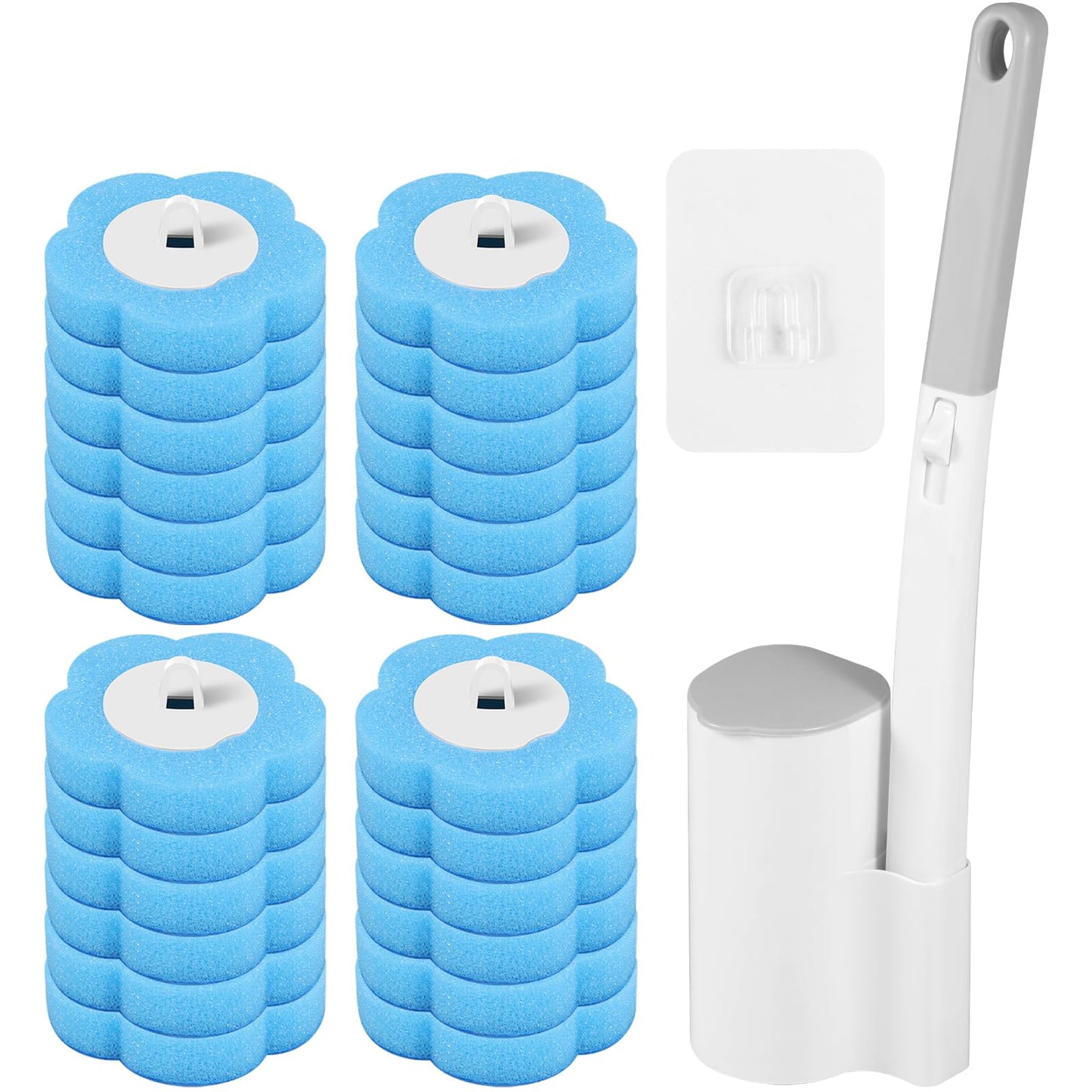 24Pcs Toilet Brush Toilet Brush Cleaning System with 24 Cleaner Refills and Extended Handle Wall-mounted Holder Cleaner Set Toilet Wand Kit for
