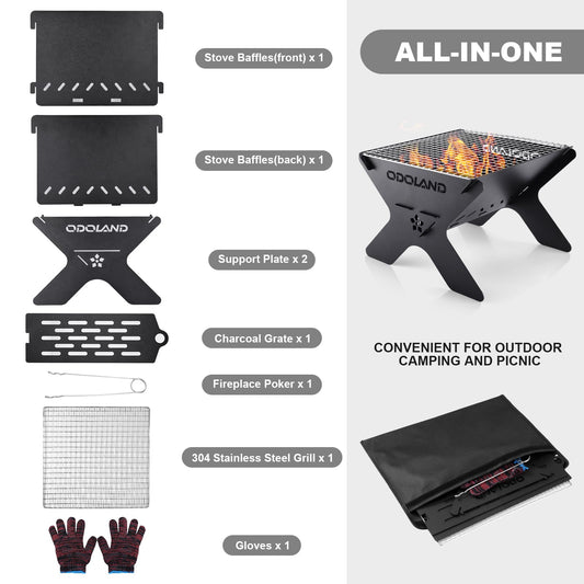 Odoland Camping Fire Pit, Portable Fire Pit for Camping, 2 in 1 Wood Burning Fire pit Grill with Detachable Cooking Grate for Outdoor BBQ, with Carry