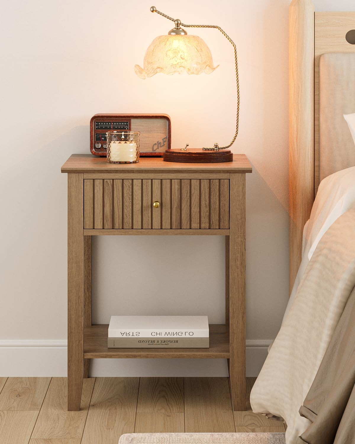 HEYZOEY Bedside Table Chest of 1 Drawer, Bedside Cabinet Wooden Nightstand, Modern Side Table for Living Room,Bedroom,Office,Walnut