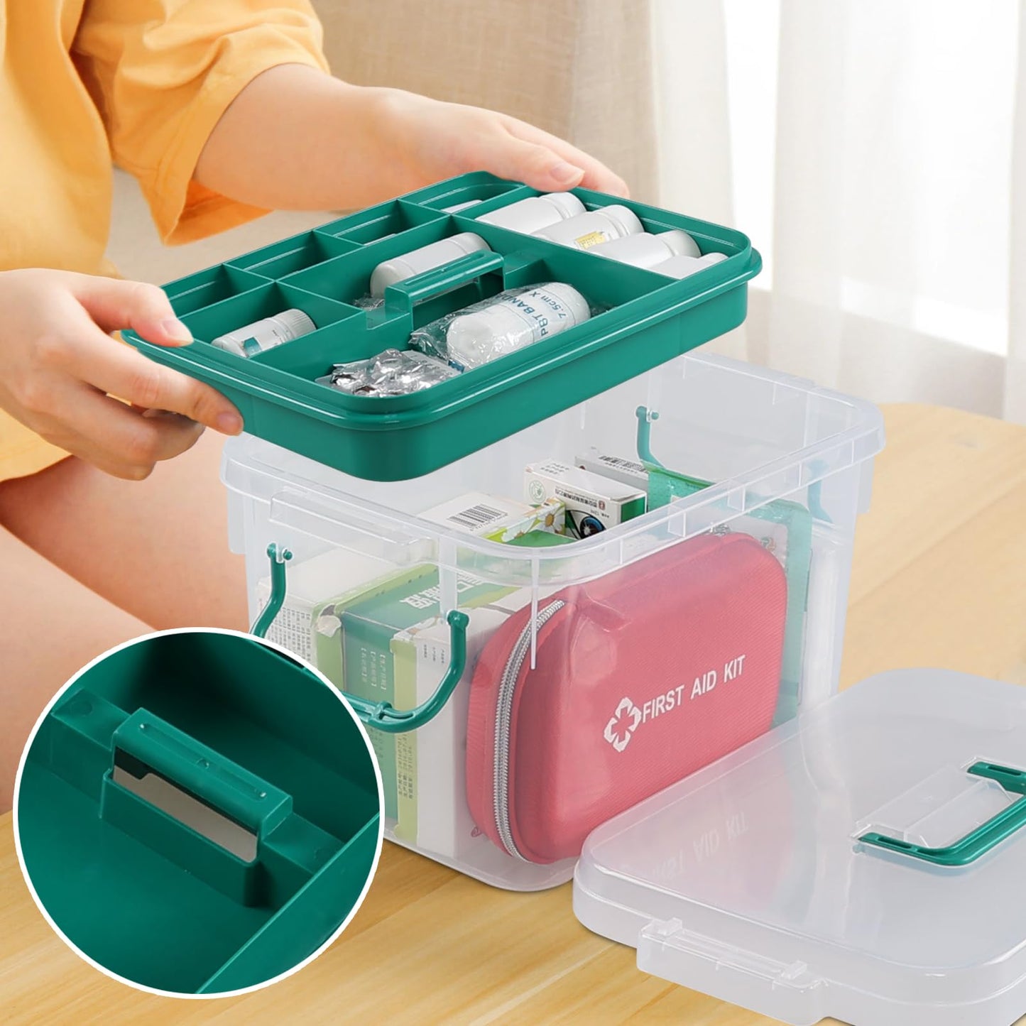 Gloreen Empty First Aid Organizer Box, Clear Medicine Storage Box with Lid