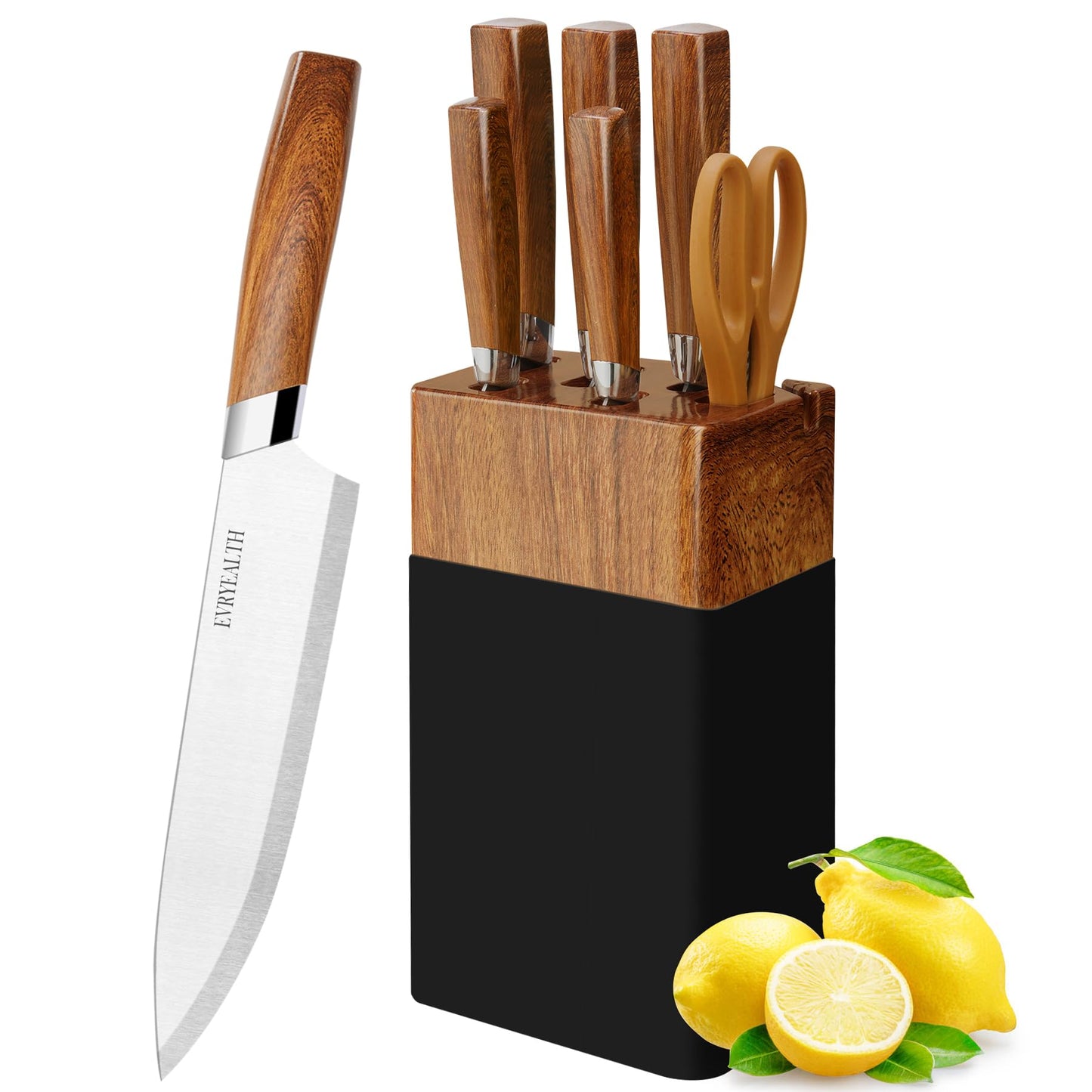 lapelux Kitchen Knife Set - 6 Piece Kitchen Knives with Knife Block, Wood Grain Handle, Sharp Stainless Steel Knife with Chef, Bread, Slicer, Utility,