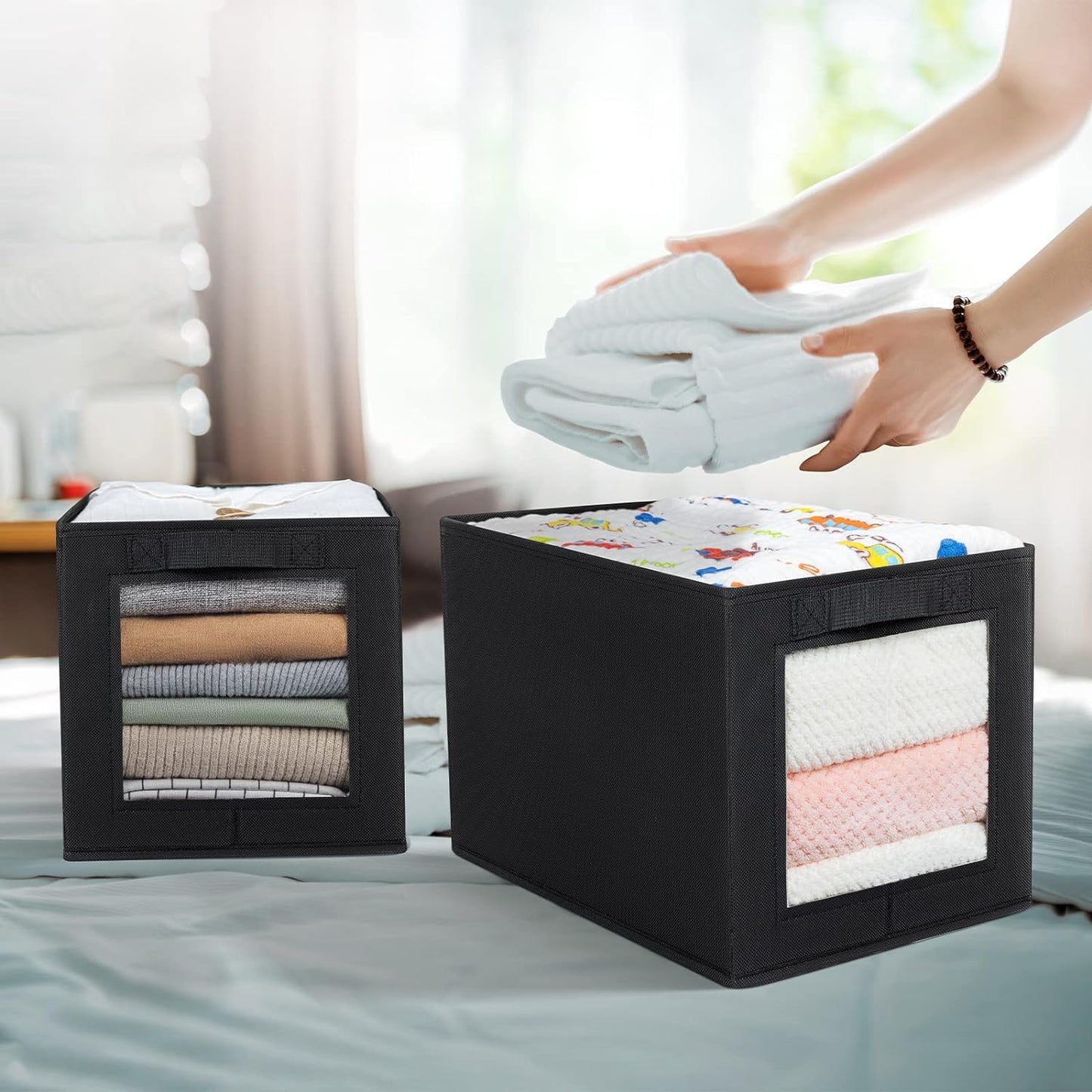 DIMJ Foldable Wardrobe Storage Boxes, 3 Pack Fabric Shelf Clothes Organiser