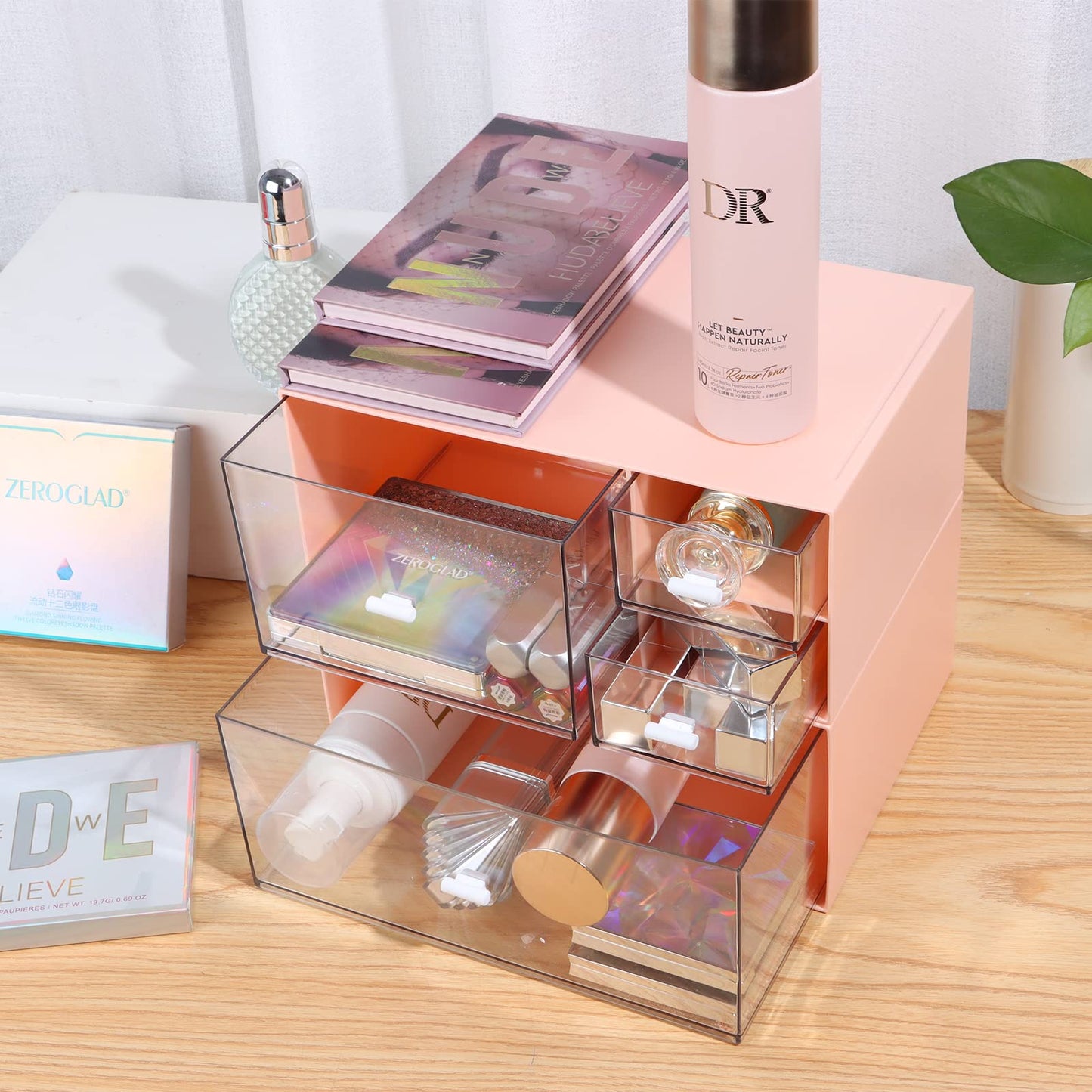 OSteed Desk Tidy Organiser with 4 Drawers, Desktop Storage Unit, Pink