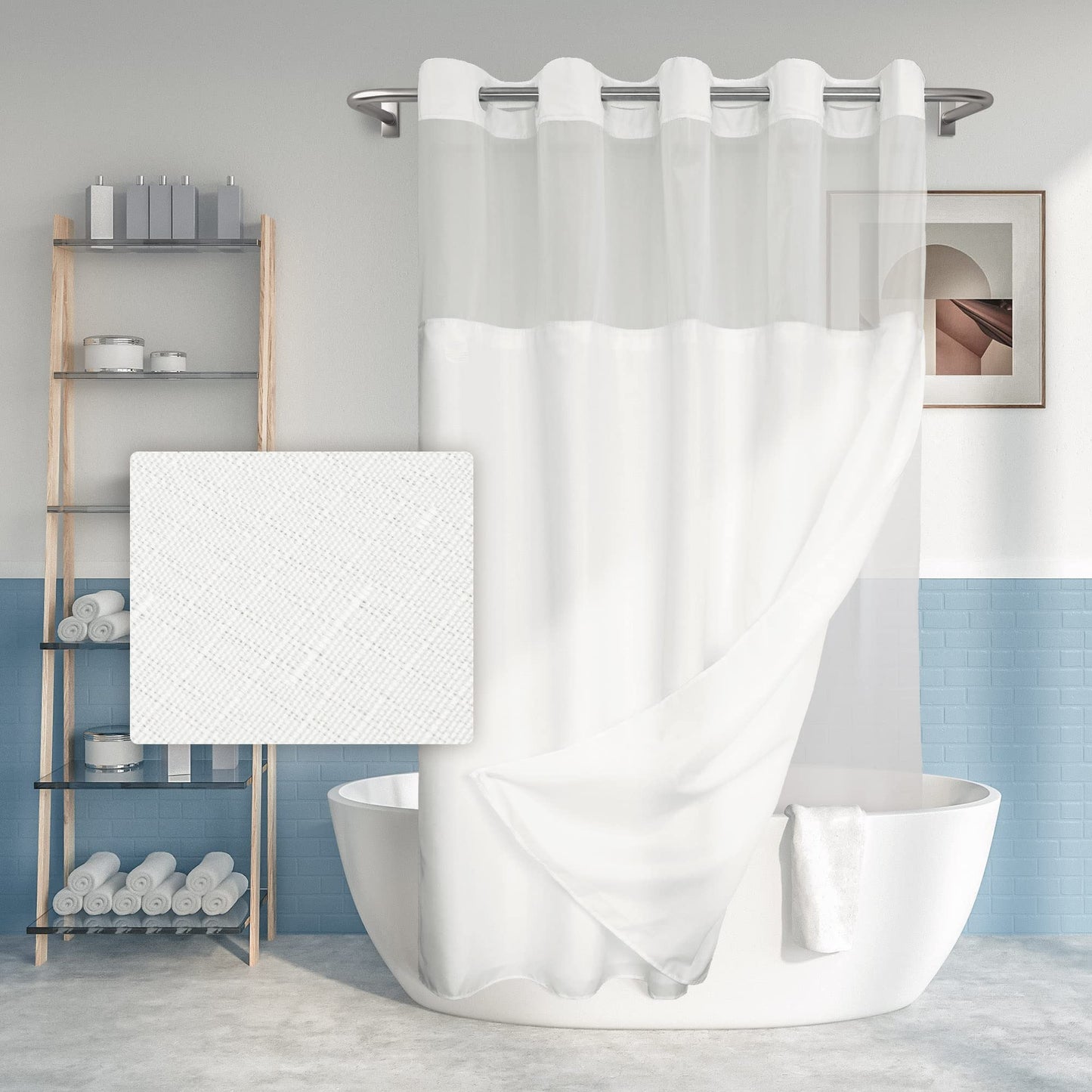 River Dream Extra Long No Hook Slub Textured Shower Curtain with Snap-in PEVA Liner Set - 71" x 86"(84"), Hotel Style with See Through Top Window,