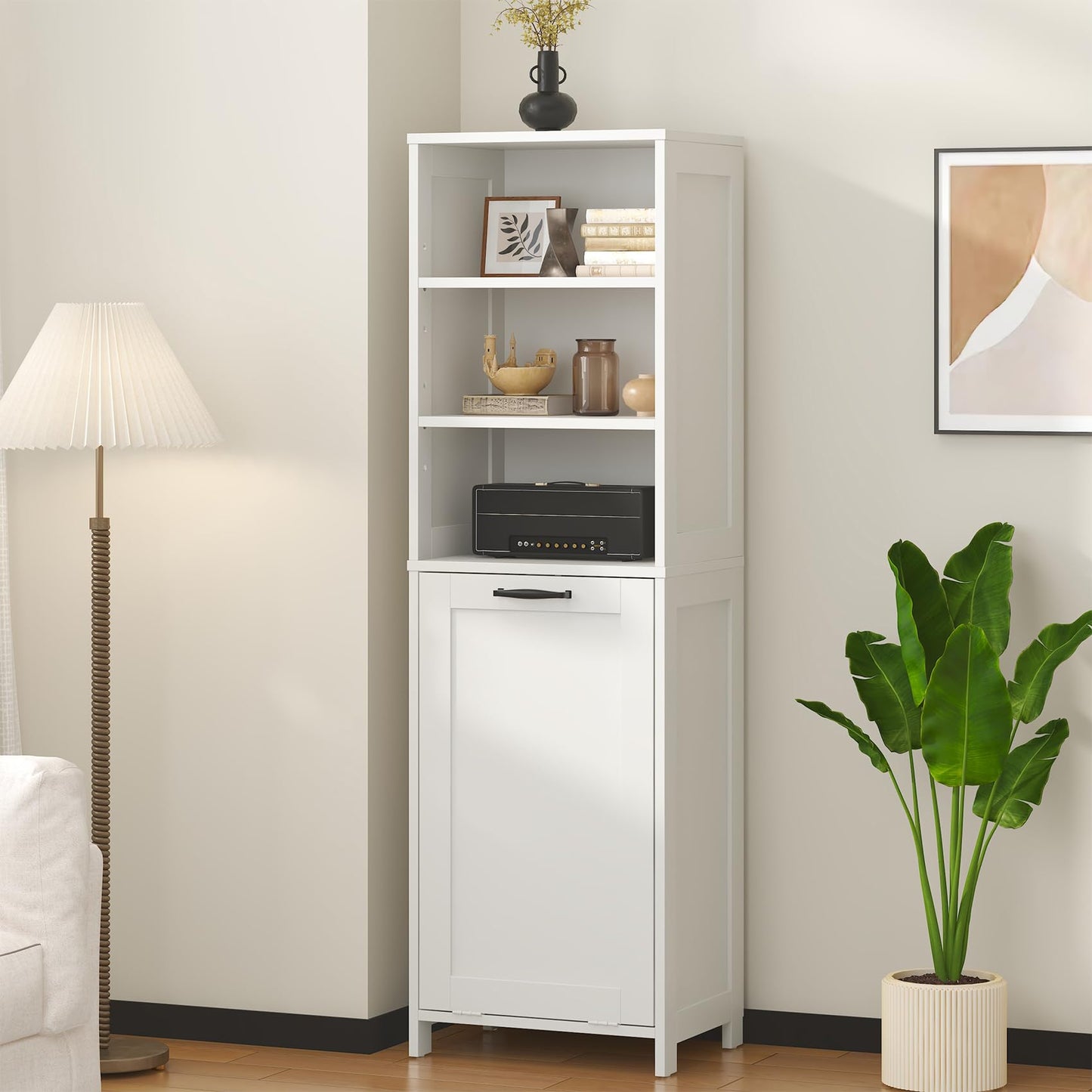 Feonase Compact Bathroom Cabinet with Detachable Laundry Hamper, Narrow Freestanding Storage Unit with 3 Open Shelves for Bathroom, Laundry Room