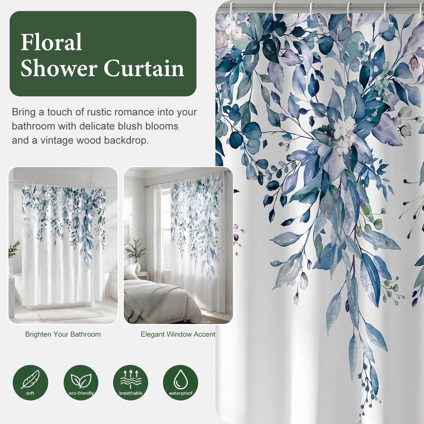 myouhuo Floral Shower Curtain 180cm × 180cm Mould Proof Butterfly Fabric Bathroom curtain For Women & Men With 12 Hooks,26