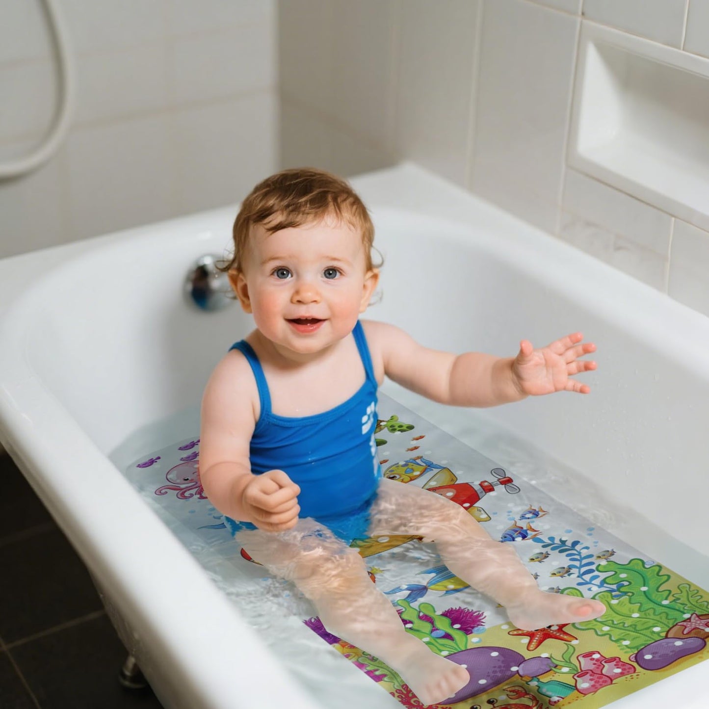 Baby Bath Mats Non Slip Anti Mould, 100x40cm Bathtub Mat with Suction Cups & Drain Holes Extra Long Cartoon Kids Bath Seat Mat Machine Washable