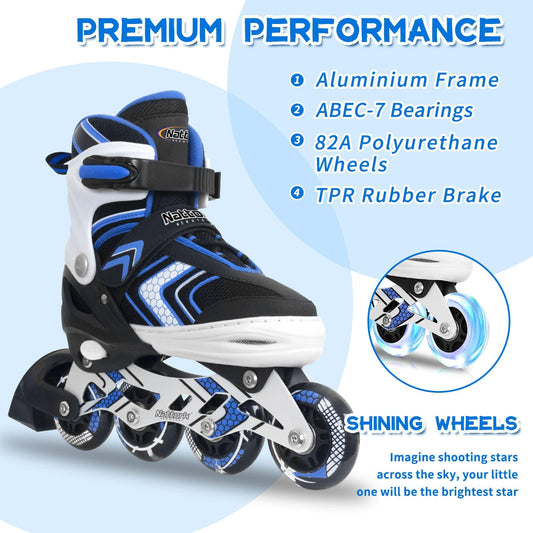 Nattork Roller Skates for Boys with Full Light up Wheels, Adjustable Beginner Inline Skates for Little Kids, Blue, Size 10J 12J 13J