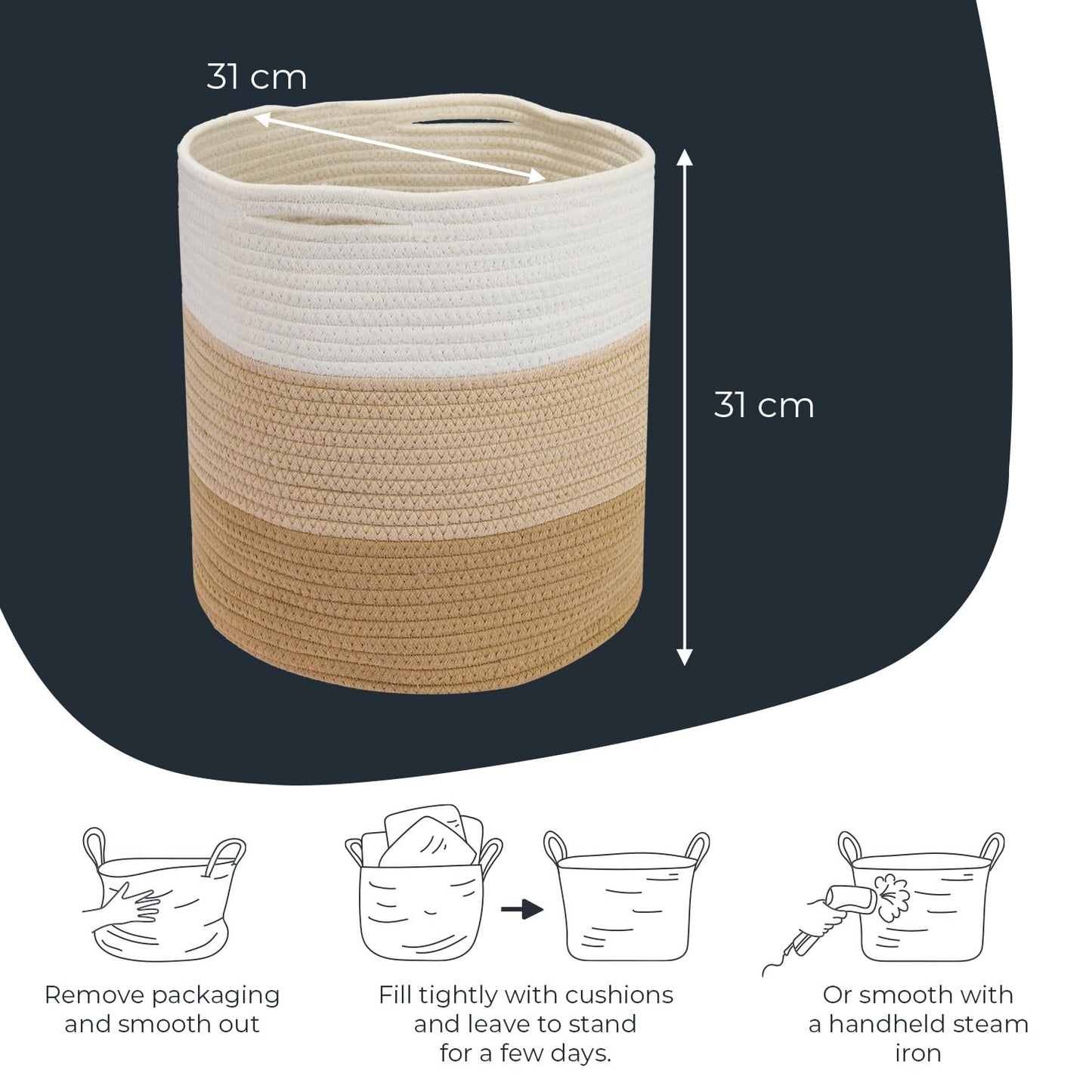 HMF Storage Basket with Hidden Handles, Round Basket Fits Kallax | 31 x 31 cm | White/Brown