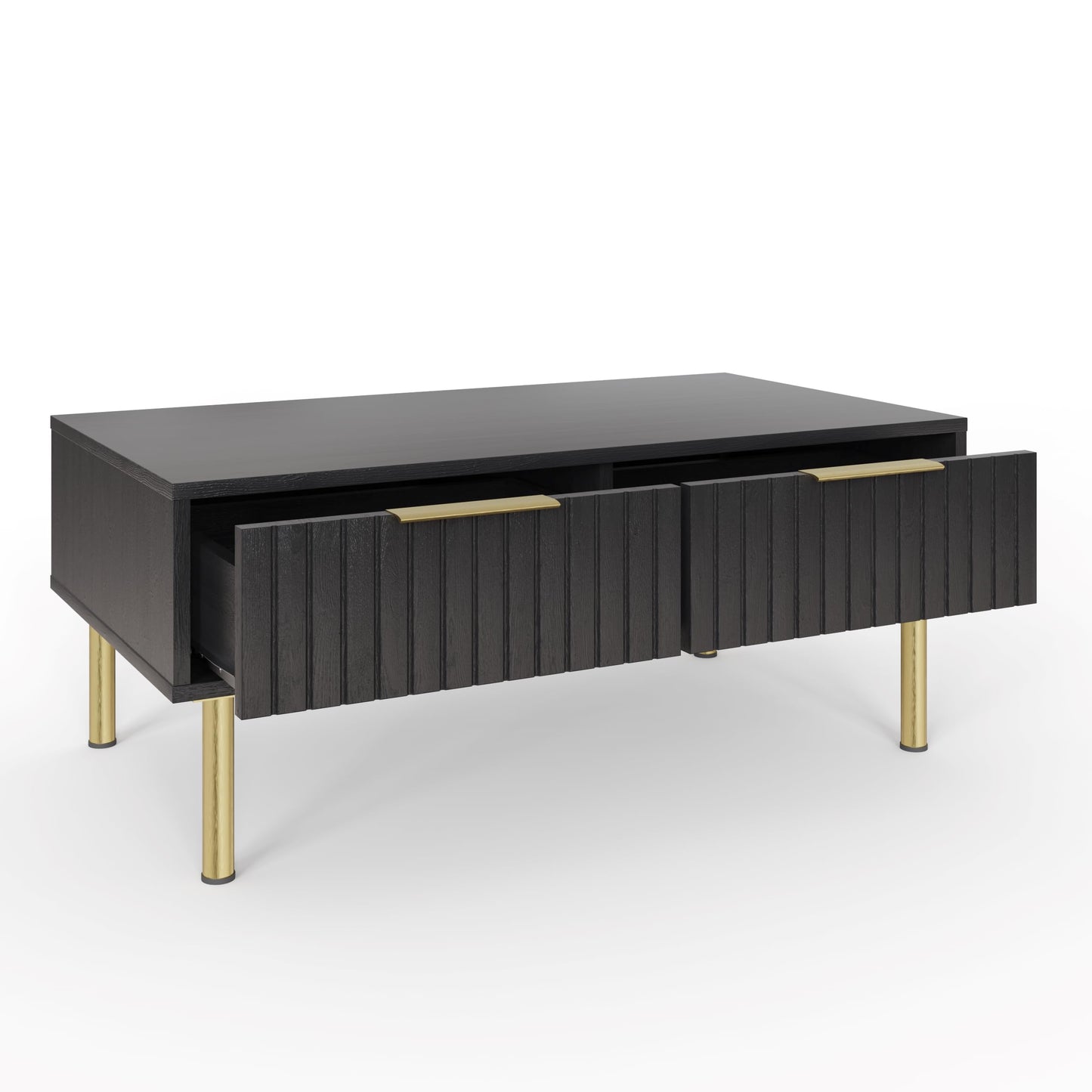 GFW Nervata Coffee Table, Black Coffee Table with 2 Drawers, Art Deco Style Living Room Table with Gold Accents and Wood Grain Texture
