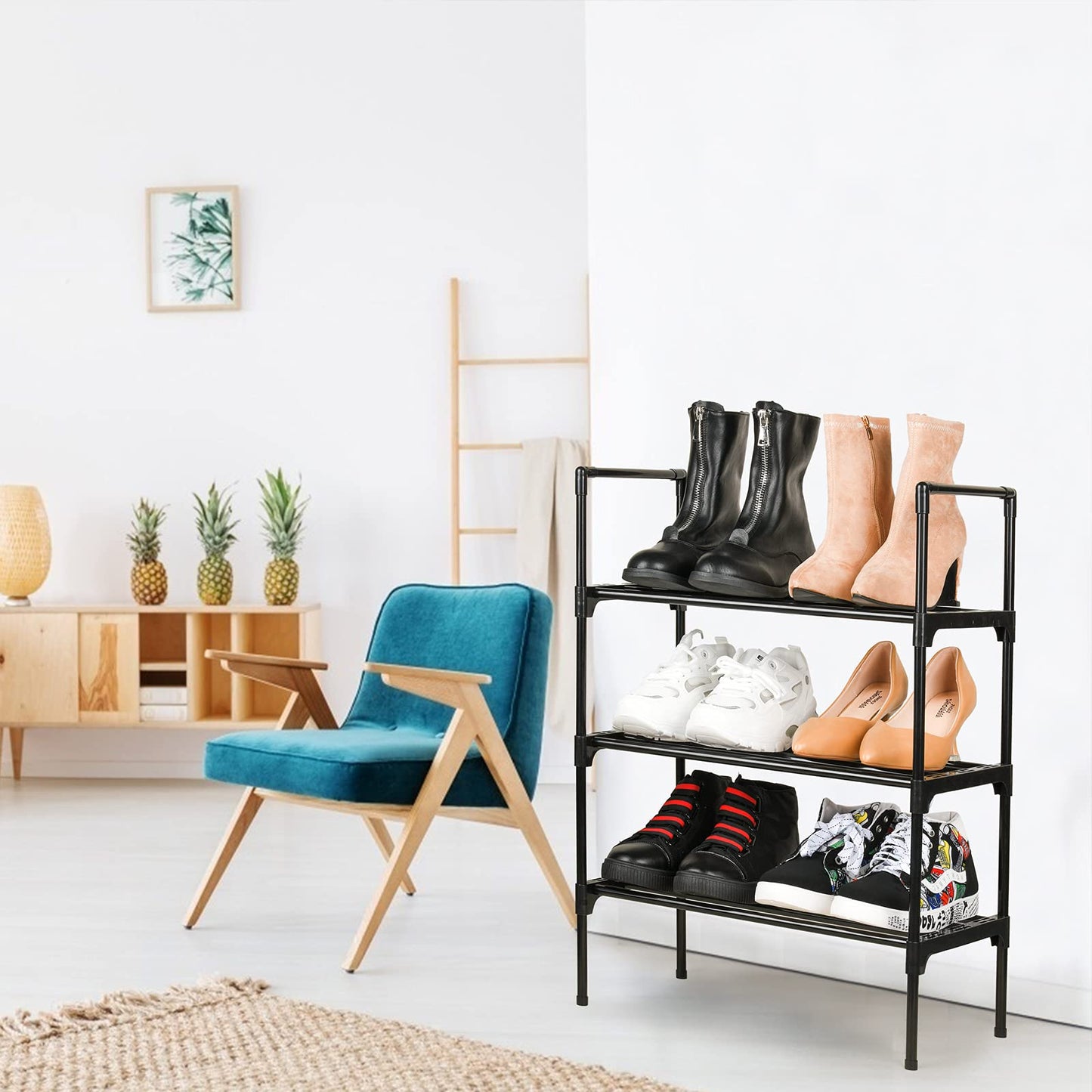 Ywinler 3 Tier Shoe Racks, Metal Shoe Storage Organiser Small Narrow Shoe Shelf Stackable for Hallway, Entryway, Living Room, 43 × 25 × 65cm, Black