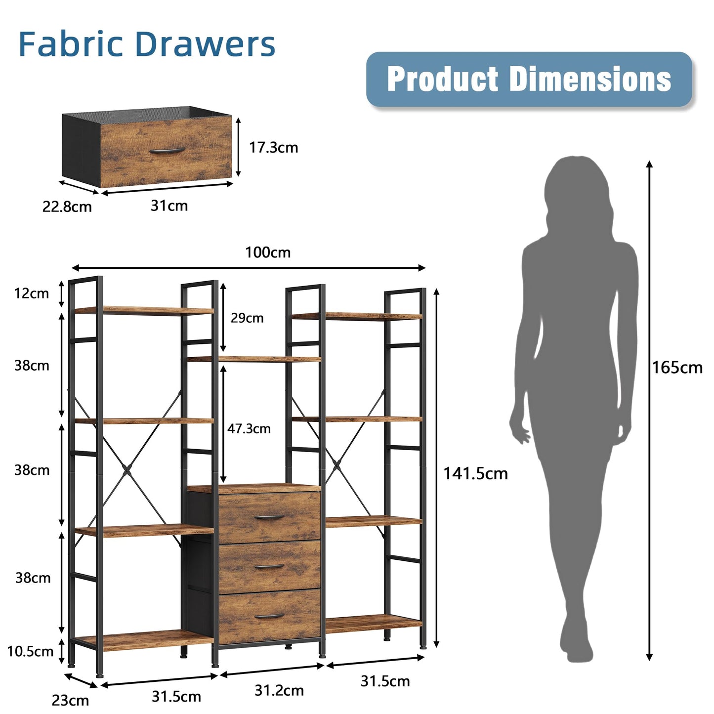OYRREU 4-Tier Bookcase with Drawers, 100cm Wide Rustic Brown Shelving Unit