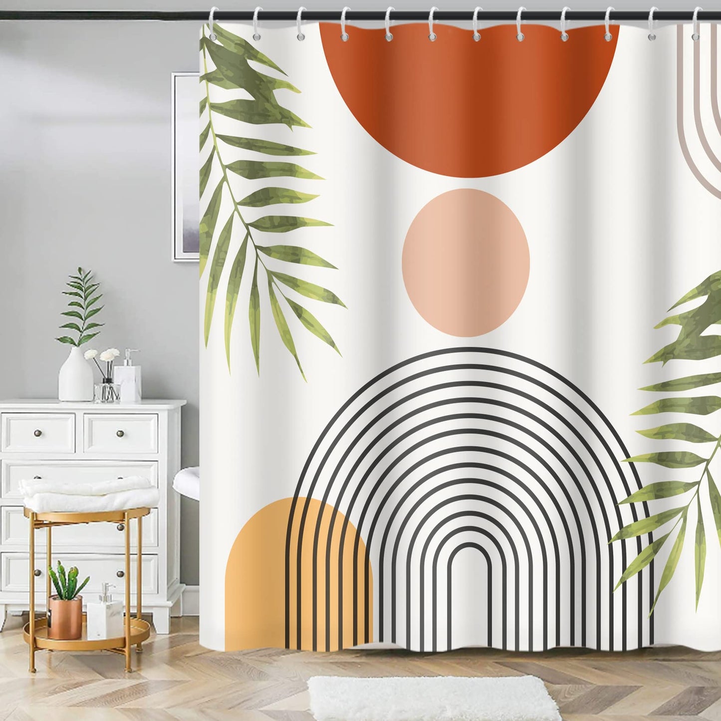 MIRRORANG Boho Abstract Geometric Shower Curtain with 12 Hooks, Mid Century Fabric Shower Curtain for Bathroom,Leaves Plant Modern Shower Curtain
